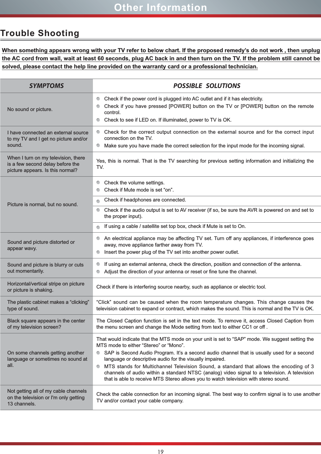 19Other InformationTrouble ShootingWhen something appears wrong with your TV refer to below chart. If the proposed remedy’s do not work , then unplug the AC cord from wall, wait at least 60 seconds, plug AC back in and then turn on the TV. If the problem still cannot be solved, please contact the help line provided on the warranty card or a professional technician.SYMPTOMS POSSIBLE   SOLUTIONSNo sound or picture.Check if the power cord is plugged into AC outlet and if it has electricity.Check if you have pressed [POWER] button on the TV or [POWER] button on the remote control.Check to see if LED on. If illuminated, power to TV is OK.I have connected an external source to my TV and I get no picture and/or sound.Check for the correct output connection on the external source and for the correct input connection on the TV.Make sure you have made the correct selection for the input mode for the incoming signal.When I turn on my television, there is a few second delay before the picture appears. Is this normal?Yes, this is normal. That is the TV searching for previous setting information and initializing the TV.Picture is normal, but no sound.Check the volume settings.Check if Mute mode is set “on”.Check if headphones are connected.Check if the audio output is set to AV receiver (if so, be sure the AVR is powered on and set to the proper input).If using a cable / satellite set top box, check if Mute is set to On.Sound and picture distorted or appear wavy.An electrical appliance may be affecting TV set. Turn off any appliances, if interference goes away, move appliance farther away from TV.Insert the power plug of the TV set into another power outlet.Sound and picture is blurry or cuts out momentarily.If using an external antenna, check the direction, position and connection of the antenna.Adjust the direction of your antenna or reset or fine tune the channel.Horizontal/vertical stripe on picture or picture is shaking. Check if there is interfering source nearby, such as appliance or electric tool.The plastic cabinet makes a “clicking” type of sound.“Click” sound can be caused when the room temperature changes. This change causes the television cabinet to expand or contract, which makes the sound. This is normal and the TV is OK.Black square appears in the center of my television screen?The Closed Caption function is set in the text mode. To remove it, access Closed Caption from the menu screen and change the Mode setting from text to either CC1 or off .On some channels getting another language or sometimes no sound at all.That would indicate that the MTS mode on your unit is set to “SAP” mode. We suggest setting the MTS mode to either “Stereo” or “Mono”. SAP is Second Audio Program. It’s a second audio channel that is usually used for a second language or descriptive audio for the visually impaired.MTS stands for Multichannel Television Sound, a standard that allows the encoding of 3 channels of audio within a standard NTSC (analog) video signal to a television. A television that is able to receive MTS Stereo allows you to watch television with stereo sound.Not getting all of my cable channels on the television or I&apos;m only getting 13 channels.Check the cable connection for an incoming signal. The best way to confirm signal is to use another TV and/or contact your cable company.