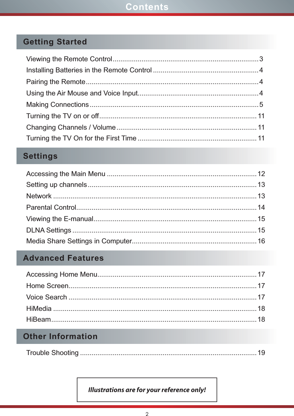 2ContentsIllustrations are for your reference only!Getting StartedViewing the Remote Control............................................................................ 3Installing Batteries in the Remote Control .......................................................4Pairing the Remote.......................................................................................... 4Using the Air Mouse and Voice Input...............................................................4Making Connections........................................................................................5Turning the TV on or off.................................................................................. 11Changing Channels / Volume......................................................................... 11Turning the TV On for the First Time .............................................................. 11SettingsAccessing the Main Menu ..............................................................................12Setting up channels........................................................................................ 13Network ..........................................................................................................13Parental Control..............................................................................................14Viewing the E-manual.....................................................................................15DLNA Settings ................................................................................................15Media Share Settings in Computer.................................................................16Advanced FeaturesAccessing Home Menu...................................................................................17Home Screen..................................................................................................17Voice Search ..................................................................................................17HiMedia ..........................................................................................................18HiBeam...........................................................................................................18Other InformationTrouble Shooting ............................................................................................19