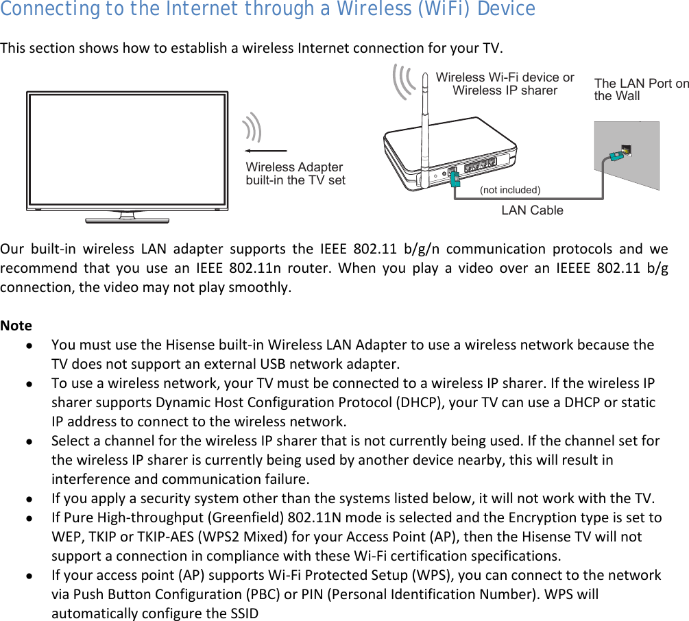  10 Connecting to the Internet through a Wireless (WiFi) Device This section shows how to establish a wireless Internet connection for your TV.  Our built-in wireless LAN adapter supports the IEEE 802.11 b/g/n communication protocols and we recommend that you use an IEEE 802.11n router. When you play a video over an IEEEE 802.11 b/g connection, the video may not play smoothly.  Note • You must use the Hisense built-in Wireless LAN Adapter to use a wireless network because the TV does not support an external USB network adapter. • To use a wireless network, your TV must be connected to a wireless IP sharer. If the wireless IP sharer supports Dynamic Host Configuration Protocol (DHCP), your TV can use a DHCP or static IP address to connect to the wireless network. • Select a channel for the wireless IP sharer that is not currently being used. If the channel set for the wireless IP sharer is currently being used by another device nearby, this will result in interference and communication failure. • If you apply a security system other than the systems listed below, it will not work with the TV. • If Pure High-throughput (Greenfield) 802.11N mode is selected and the Encryption type is set to WEP, TKIP or TKIP-AES (WPS2 Mixed) for your Access Point (AP), then the Hisense TV will not support a connection in compliance with these Wi-Fi certification specifications. • If your access point (AP) supports Wi-Fi Protected Setup (WPS), you can connect to the network via Push Button Configuration (PBC) or PIN (Personal Identification Number). WPS will automatically configure the SSID    Wireless Wi-Fi device or Wireless IP sharerLAN CableWireless Adapterbuilt-in the TV setThe LAN Port on the Wall(not included)
