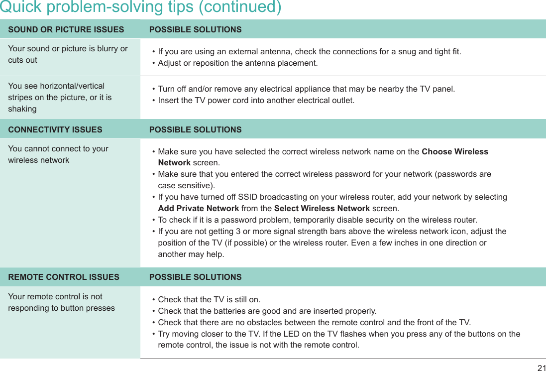 21SOUND OR PICTURE ISSUES POSSIBLE SOLUTIONSYour sound or picture is blurry or cuts out• If you are using an external antenna, check the connections for a snug and tight t.• Adjust or reposition the antenna placement.You see horizontal/vertical stripes on the picture, or it is shaking• Turn off and/or remove any electrical appliance that may be nearby the TV panel.• Insert the TV power cord into another electrical outlet.CONNECTIVITY ISSUES POSSIBLE SOLUTIONSYou cannot connect to your wireless network• Make sure you have selected the correct wireless network name on the Choose Wireless  Network screen.• Make sure that you entered the correct wireless password for your network (passwords are  case sensitive).• If you have turned off SSID broadcasting on your wireless router, add your network by selecting  Add Private Network from the Select Wireless Network screen.• To check if it is a password problem, temporarily disable security on the wireless router.• If you are not getting 3 or more signal strength bars above the wireless network icon, adjust the position of the TV (if possible) or the wireless router. Even a few inches in one direction or  another may help.REMOTE CONTROL ISSUES POSSIBLE SOLUTIONSYour remote control is not responding to button presses• Check that the TV is still on.• Check that the batteries are good and are inserted properly.• Check that there are no obstacles between the remote control and the front of the TV.• Try moving closer to the TV. If the LED on the TV ashes when you press any of the buttons on the remote control, the issue is not with the remote control.Quick problem-solving tips (continued)
