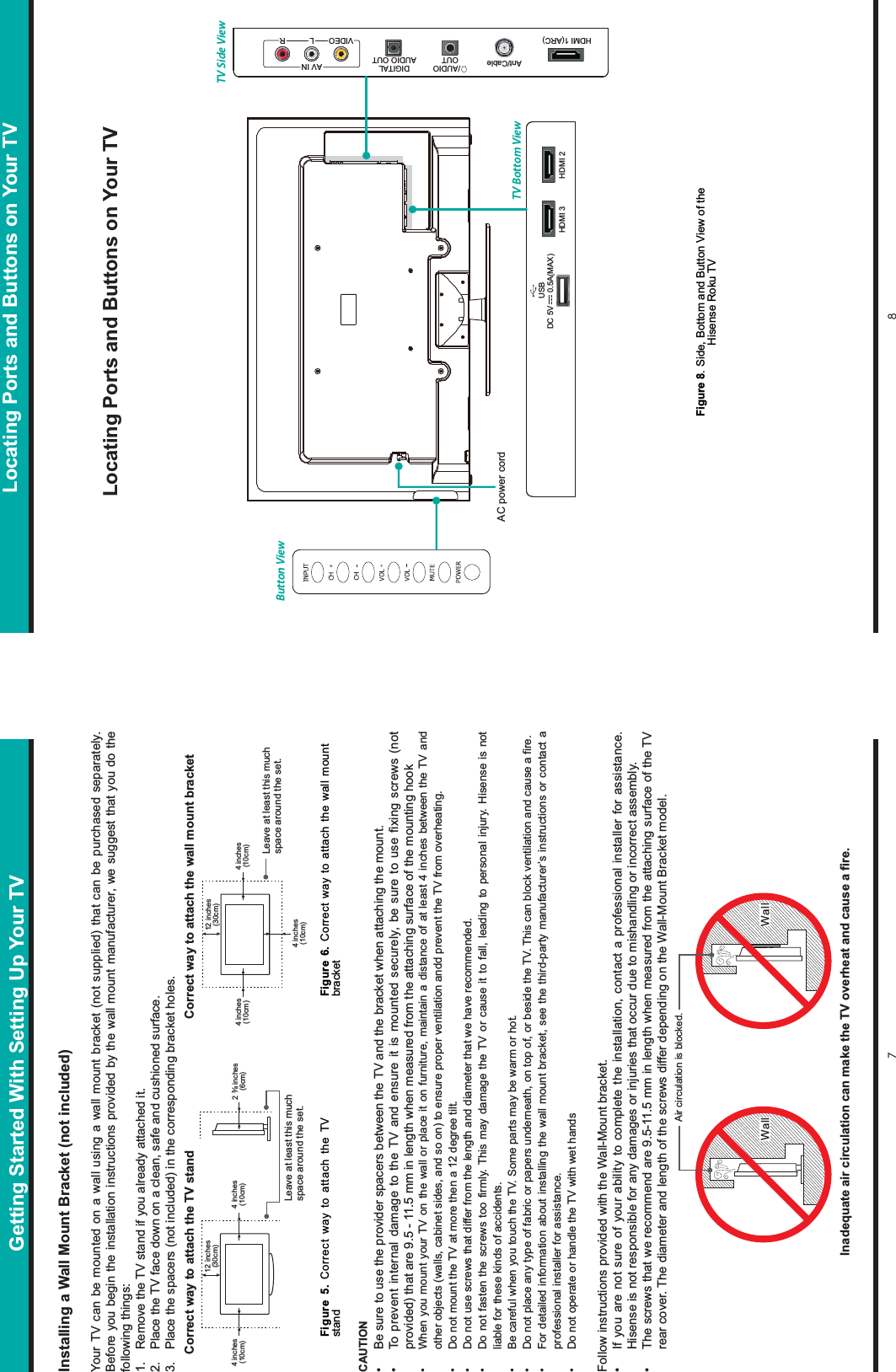 7 8Getting Started With Setting Up Your TVInstalling a Wall Mount Bracket (not included)Your TV can be mounted on a wall using a wall mount bracket (not supplied) that can be purchased separately. Before you begin the installation instructions provided by the wall mount manufacturer, we suggest that you do the following things:1.  Remove the TV stand if you already attached it.2.  Place the TV face down on a clean, safe and cushioned surface.3.  Place the spacers (not included) in the corresponding bracket holes.CAUTION•  Be sure to use the provider spacers between the TV and the bracket when attaching the mount.•  To prevent internal damage to the TV and ensure it is mounted securely, be sure to use fixing screws (not provided) that are 9.5 - 11.5 mm in length when measured from the attaching surface of the mounting hook•  When you mount your TV on the wall or place it on furniture, maintain a distance of at least 4 inches between the TV and other objects (walls, cabinet sides, and so on) to ensure proper ventilation andd prevent the TV from overheating.•  Do not mount the TV at more then a 12 degree tilt.•  Do not use screws that differ from the length and diameter that we have recommended.•  Do not fasten the screws too firmly. This may damage the TV or cause it to fall, leading to personal injury. Hisense is not liable for these kinds of accidents.•  Be careful when you touch the TV. Some parts may be warm or hot.•  Do not place any type of fabric or papers underneath, on top of, or beside the TV. This can block ventilation and cause a fire.•  For detailed information about installing the wall mount bracket, see the third-party manufacturer’s instructions or contact a professional installer for assistance.•  Do not operate or handle the TV with wet handsFollow instructions provided with the Wall-Mount bracket. •  If you are not sure of your ability to complete the installation, contact a professional installer for assistance. Hisense is not responsible for any damages or injuries that occur due to mishandling or incorrect assembly. •  The screws that we recommend are 9.5-11.5 mm in length when measured from the attaching surface of the TV rear cover. The diameter and length of the screws differ depending on the Wall-Mount Bracket model.Leave at least this much space around the set.Leave at least this much space around the set.4 inches(10cm)4 inches(10cm) 4 inches(10cm)4 inches(10cm)4 inches(10cm)2 38 inches(6cm)12 inches(30cm) 12 inches(30cm)Correct way to attach the TV stand Correct way to attach the wall mount bracketWall WallAir circulation is blocked. Figure 5. Correct way to attach the TV standFigure 6. Correct way to attach the wall mount bracketLocating Ports and Buttons on Your TVLocating Ports and Buttons on Your TVFigure 8. Side, Bottom and Button View of the Hisense Roku TV USBHDMI 3DC 5V      0.5A(MAX) HDMI 2TV Bottom ViewTV Side ViewButton ViewHDMI 1(ARC) VIDEO LAV INRAnt/Cable /AUDIO OUTDIGITALAUDIO OUTAC power cord