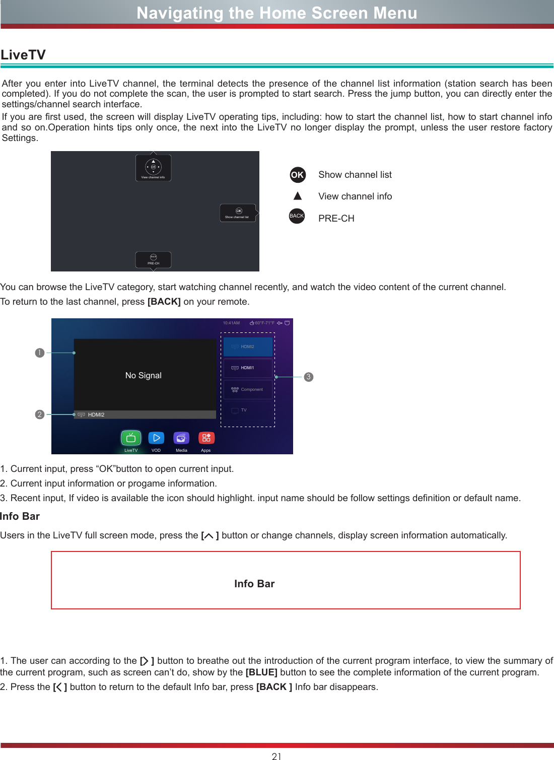 21No SignalHDMI2HDMI210:41AM 60°F-71°FComponentTVLiveTV            VOD             Media            AppsHDMI1Navigating the Home Screen Menu2LiveTVYou can browse the LiveTV category, start watching channel recently, and watch the video content of the current channel.To return to the last channel, press [BACK] on your remote.1. Current input, press “OK”button to open current input.2. Current input information or progame information.3. Recent input, If video is available the icon should highlight. input name should be follow settings definition or default name.Users in the LiveTV full screen mode, press the [ ] button or change channels, display screen information automatically.1. The user can according to the [ ] button to breathe out the introduction of the current program interface, to view the summary of the current program, such as screen can’t do, show by the [BLUE] button to see the complete information of the current program.2. Press the [ ] button to return to the default Info bar, press [BACK ] Info bar disappears.After you enter into LiveTV channel, the terminal detects the presence of the channel list information (station search has been completed). If you do not complete the scan, the user is prompted to start search. Press the jump button, you can directly enter the settings/channel search interface.If you are first used, the screen will display LiveTV operating tips, including: how to start the channel list, how to start channel info and so on.Operation hints tips only once, the next into the LiveTV no longer display the prompt, unless the user restore factory Settings.View channel infoShow channel listPRE-CHBACKOK Show channel listView channel infoPRE-CHBACK13Info BarInfo Bar