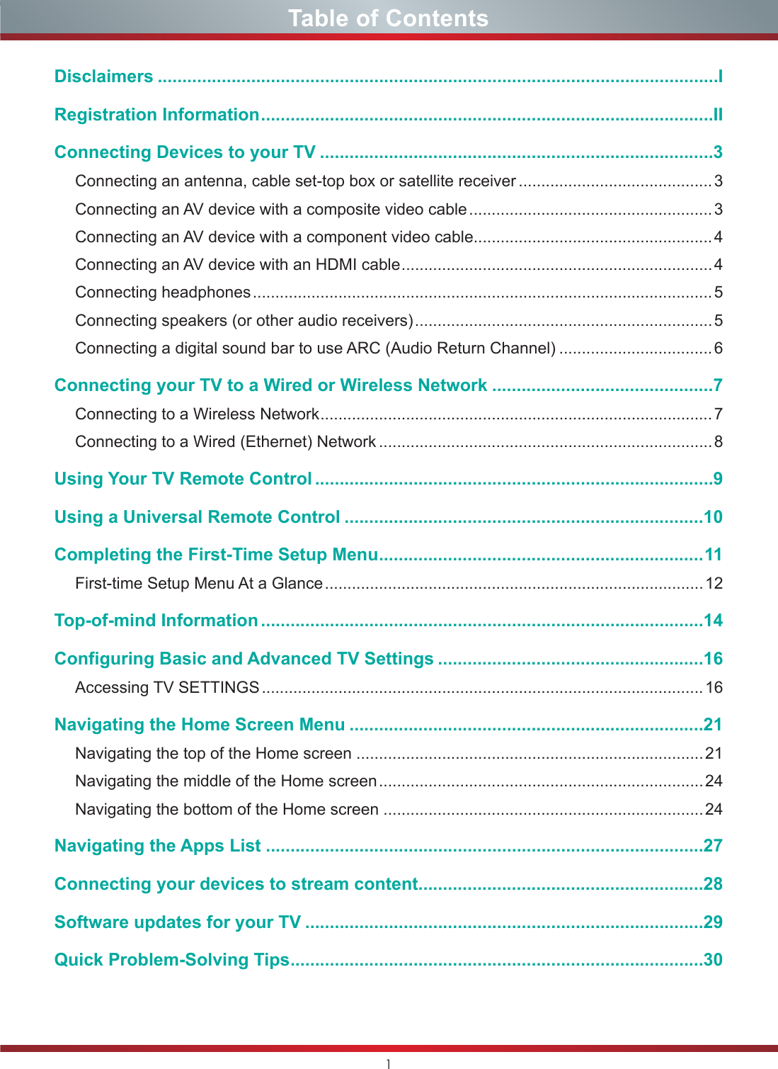1Table of ContentsDisclaimers ..................................................................................................................IRegistration Information ............................................................................................IIConnecting Devices to your TV ................................................................................3Connecting an antenna, cable set-top box or satellite receiver ...........................................3Connecting an AV device with a composite video cable ...................................................... 3Connecting an AV device with a component video cable..................................................... 4Connecting an AV device with an HDMI cable ..................................................................... 4Connecting headphones ...................................................................................................... 5Connecting speakers (or other audio receivers) .................................................................. 5Connecting a digital sound bar to use ARC (Audio Return Channel) ..................................6Connecting your TV to a Wired or Wireless Network .............................................7Connecting to a Wireless Network .......................................................................................7Connecting to a Wired (Ethernet) Network ..........................................................................8Using Your TV Remote Control .................................................................................9Using a Universal Remote Control .........................................................................10Completing the First-Time Setup Menu .................................................................. 11First-time Setup Menu At a Glance .................................................................................... 12Top-of-mind Information ..........................................................................................14Configuring Basic and Advanced TV Settings ......................................................16Accessing TV SETTINGS .................................................................................................. 16Navigating the Home Screen Menu ........................................................................21Navigating the top of the Home screen .............................................................................21Navigating the middle of the Home screen ........................................................................ 24Navigating the bottom of the Home screen .......................................................................24Navigating the Apps List .........................................................................................27Connecting your devices to stream content..........................................................28Software updates for your TV .................................................................................29Quick Problem-Solving Tips ....................................................................................30