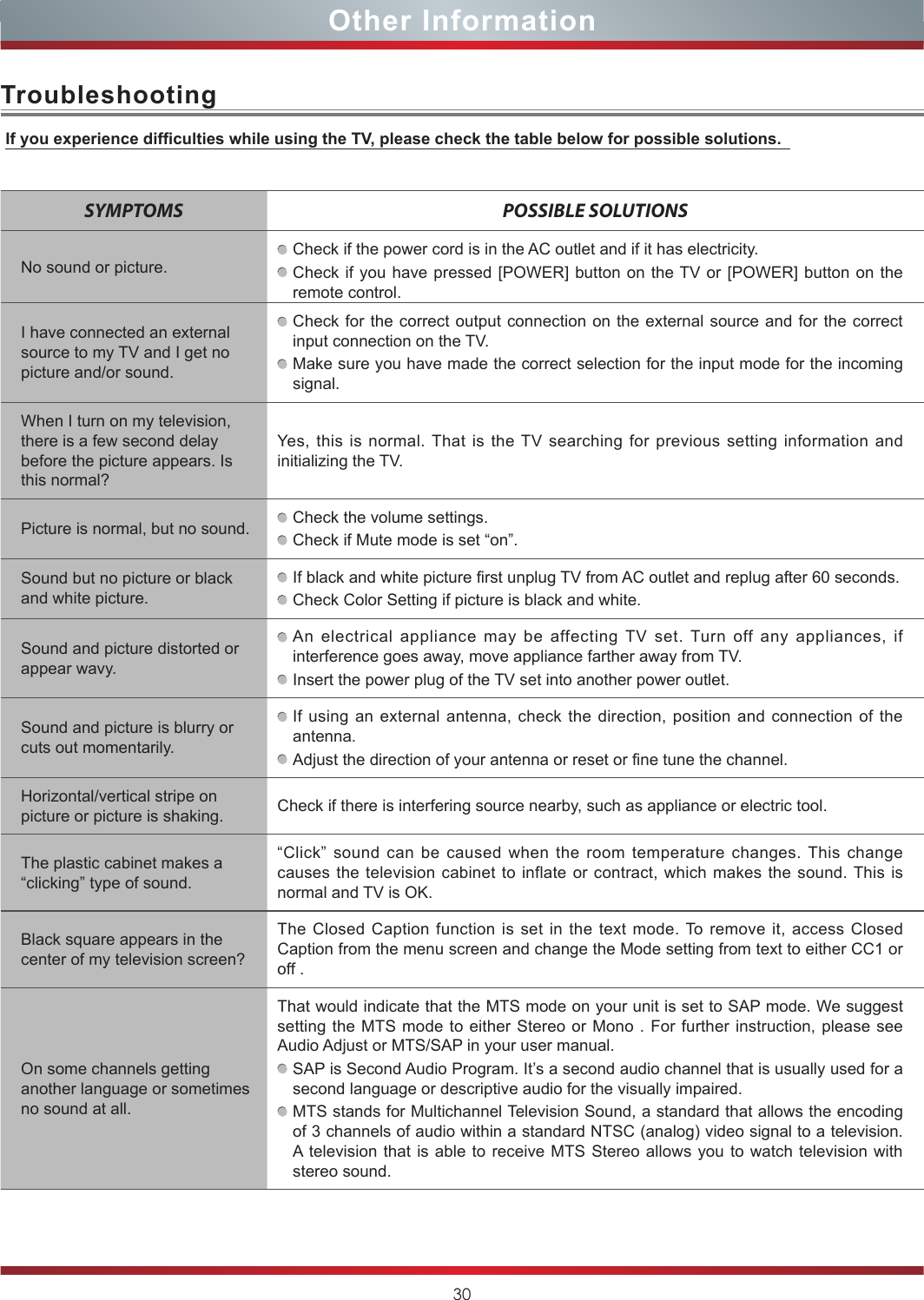 30Other InformationIf you experience difculties while using the TV, please check the table below for possible solutions.  SYMPTOMS POSSIBLE SOLUTIONSNo sound or picture.Check if the power cord is in the AC outlet and if it has electricity.Check if you have pressed [POWER] button on the TV or [POWER] button on the remote control.I have connected an external source to my TV and I get no picture and/or sound.Check for the correct output connection on the external source and for the correct input connection on the TV.Make sure you have made the correct selection for the input mode for the incoming signal.When I turn on my television, there is a few second delay before the picture appears. Is this normal?Yes, this is normal. That is the TV searching for previous setting information and initializing the TV.Picture is normal, but no sound. Check the volume settings.Check if Mute mode is set “on”.Sound but no picture or black and white picture.If black and white picture first unplug TV from AC outlet and replug after 60 seconds.Check Color Setting if picture is black and white.Sound and picture distorted or appear wavy.An electrical appliance may be affecting TV set. Turn off any appliances, if interference goes away, move appliance farther away from TV.Insert the power plug of the TV set into another power outlet.Sound and picture is blurry or cuts out momentarily.If using an external antenna, check the direction, position and connection of the antenna.Adjust the direction of your antenna or reset or fine tune the channel.Horizontal/vertical stripe on picture or picture is shaking. Check if there is interfering source nearby, such as appliance or electric tool.The plastic cabinet makes a “clicking” type of sound.“Click” sound can be caused when the room temperature changes. This change causes the television cabinet to inflate or contract, which makes the sound. This is normal and TV is OK.Black square appears in the center of my television screen?The Closed Caption function is set in the text mode. To remove it, access Closed Caption from the menu screen and change the Mode setting from text to either CC1 or off .On some channels getting another language or sometimes no sound at all.That would indicate that the MTS mode on your unit is set to SAP mode. We suggest setting the MTS mode to either Stereo or Mono . For further instruction, please see Audio Adjust or MTS/SAP in your user manual.SAP is Second Audio Program. It’s a second audio channel that is usually used for a second language or descriptive audio for the visually impaired.MTS stands for Multichannel Television Sound, a standard that allows the encoding of 3 channels of audio within a standard NTSC (analog) video signal to a television. A television that is able to receive MTS Stereo allows you to watch television with stereo sound.Troubleshooting