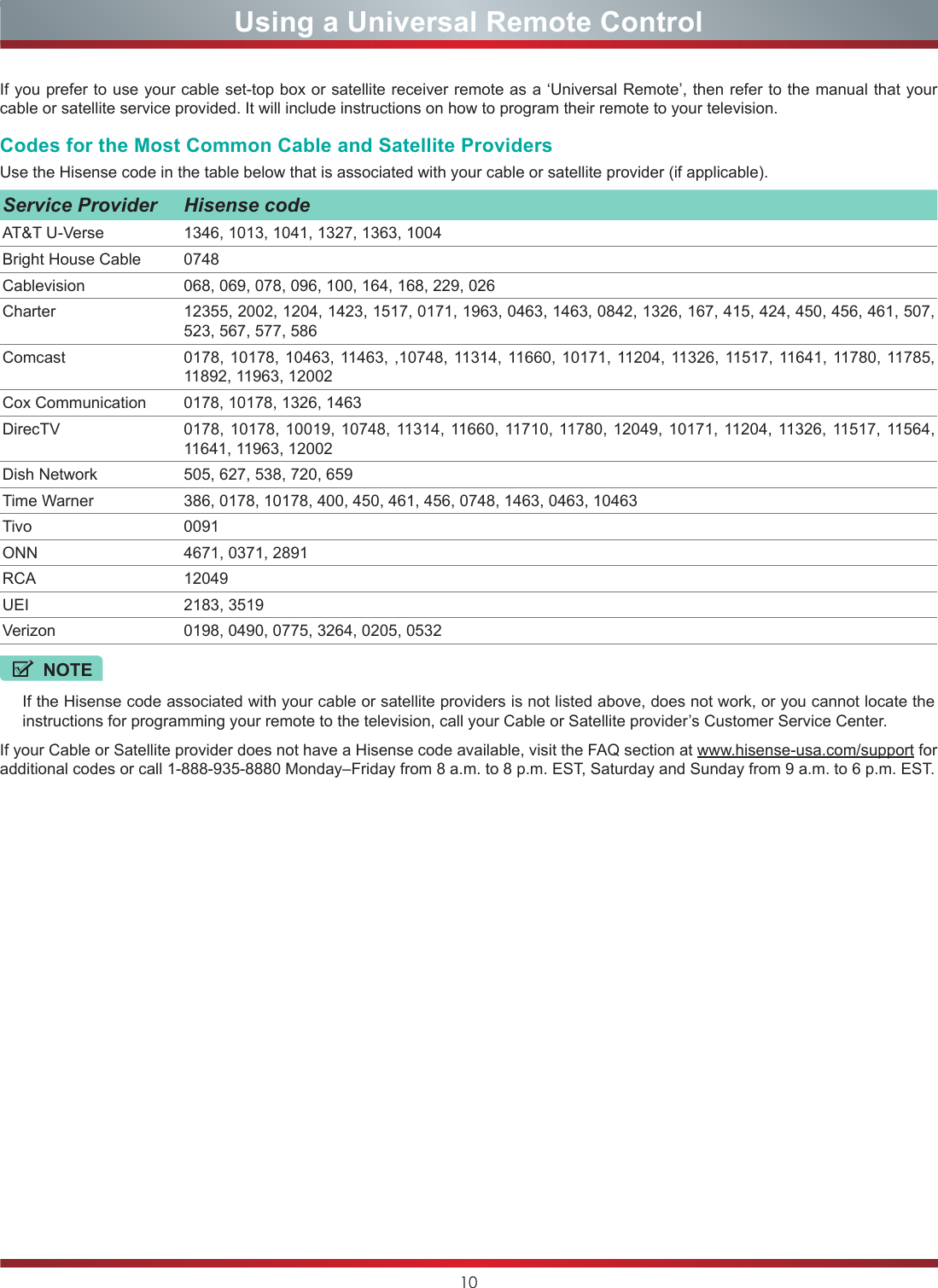 10Using a Universal Remote ControlIf you prefer to use your cable set-top box or satellite receiver remote as a ‘Universal Remote’, then refer to the manual that your cable or satellite service provided. It will include instructions on how to program their remote to your television. Codes for the Most Common Cable and Satellite ProvidersUse the Hisense code in the table below that is associated with your cable or satellite provider (if applicable). Service Provider Hisense codeAT&amp;T U-Verse 1346, 1013, 1041, 1327, 1363, 1004Bright House Cable 0748Cablevision 068, 069, 078, 096, 100, 164, 168, 229, 026Charter 12355, 2002, 1204, 1423, 1517, 0171, 1963, 0463, 1463, 0842, 1326, 167, 415, 424, 450, 456, 461, 507, 523, 567, 577, 586Comcast 0178, 10178, 10463, 11463, ,10748, 11314, 11660, 10171, 11204, 11326, 11517, 11641, 11780, 11785, 11892, 11963, 12002Cox Communication 0178, 10178, 1326, 1463DirecTV 0178, 10178, 10019, 10748, 11314, 11660, 11710, 11780, 12049, 10171, 11204, 11326, 11517, 11564, 11641, 11963, 12002Dish Network 505, 627, 538, 720, 659Time Warner 386, 0178, 10178, 400, 450, 461, 456, 0748, 1463, 0463, 10463Tivo 0091ONN 4671, 0371, 2891RCA 12049UEI 2183, 3519Verizon 0198, 0490, 0775, 3264, 0205, 0532If your Cable or Satellite provider does not have a Hisense code available, visit the FAQ section at www.hisense-usa.com/support for additional codes or call 1-888-935-8880 Monday–Friday from 8 a.m. to 8 p.m. EST, Saturday and Sunday from 9 a.m. to 6 p.m. EST.NOTEIf the Hisense code associated with your cable or satellite providers is not listed above, does not work, or you cannot locate the instructions for programming your remote to the television, call your Cable or Satellite provider’s Customer Service Center.