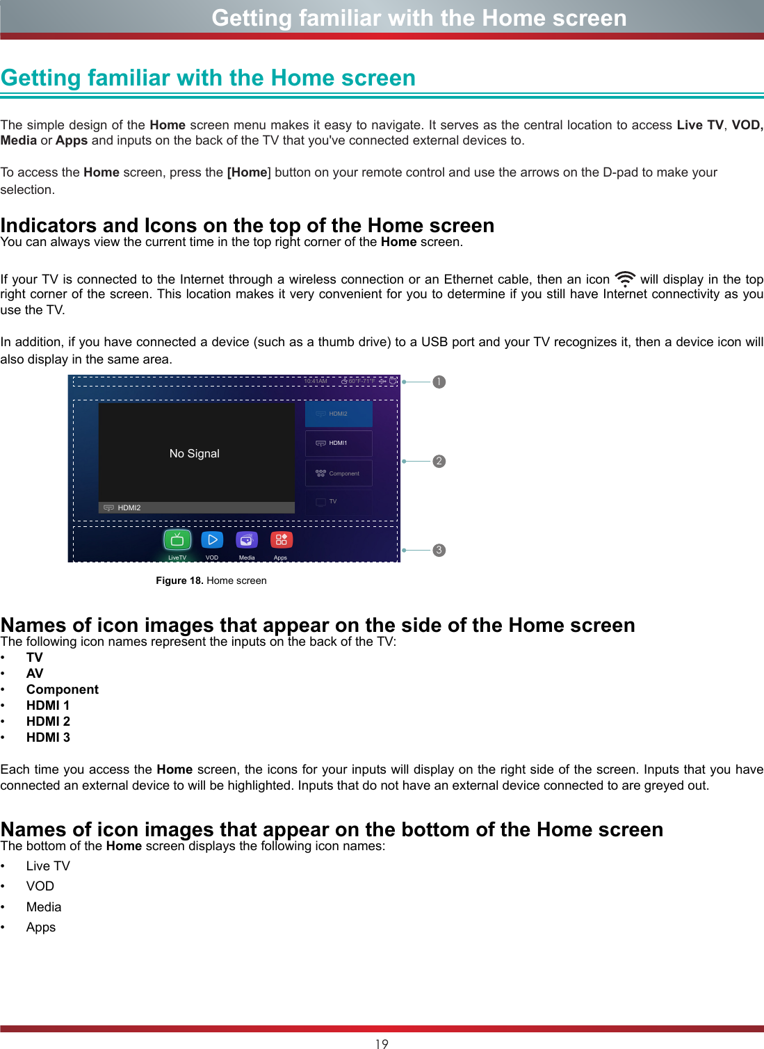 19                      Getting familiar with the Home screenGetting familiar with the Home screen The simple design of the Home screen menu makes it easy to navigate. It serves as the central location to access Live TV, VOD, Media or Apps and inputs on the back of the TV that you&apos;ve connected external devices to.To access the Home screen, press the [Home] button on your remote control and use the arrows on the D-pad to make your selection.       Indicators and Icons on the top of the Home screenYou can always view the current time in the top right corner of the Home screen.If your TV is connected to the Internet through a wireless connection or an Ethernet cable, then an icon   will display in the top right corner of the screen. This location makes it very convenient for you to determine if you still have Internet connectivity as you use the TV. In addition, if you have connected a device (such as a thumb drive) to a USB port and your TV recognizes it, then a device icon will also display in the same area.            No SignalHDMI2HDMI210:41AM 60°F-71°FComponentTVLiveTV            VOD             Media            AppsHDMI1123                                           Figure 18. Home screenNames of icon images that appear on the side of the Home screenThe following icon names represent the inputs on the back of the TV:•  TV•  AV•  Component•  HDMI 1•  HDMI 2•  HDMI 3Each time you access the Home screen, the icons for your inputs will display on the right side of the screen. Inputs that you have connected an external device to will be highlighted. Inputs that do not have an external device connected to are greyed out. Names of icon images that appear on the bottom of the Home screenThe bottom of the Home screen displays the following icon names:•  Live TV•  VOD•  Media•  Apps