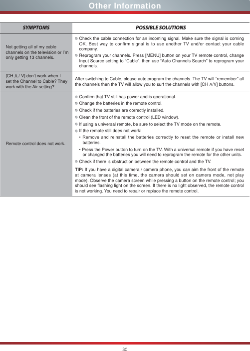 SYMPTOMS POSSIBLE SOLUTIONSNot getting all of my cable channels on the television or I’m only getting 13 channels.Check the cable connection for an incoming signal. Make sure the signal is coming OK. Best way to confirm signal is to use another TV and/or contact your cable company.Reprogram your channels. Press [MENU] button on your TV remote control, change Input Source setting to “Cable”, then use “Auto Channels Search” to reprogram your channels.[CH V / V] don’t work when I set the Channel to Cable? They work with the Air setting?After switching to Cable, please auto program the channels. The TV will “remember” all the channels then the TV will allow you to surf the channels with [CH V/V] buttons.Remote control does not work.Confirm that TV still has power and is operational.Change the batteries in the remote control.Check if the batteries are correctly installed.Clean the front of the remote control (LED window).If using a universal remote, be sure to select the TV mode on the remote.If the remote still does not work:5HPRYHDQG UHLQVWDOO WKHEDWWHULHVFRUUHFWO\ WR UHVHWWKHUHPRWH RU LQVWDOOQHZbatteries.3UHVVWKH3RZHUEXWWRQWRWXUQRQWKH79:LWKDXQLYHUVDOUHPRWHLI\RXKDYHUHVHWor changed the batteries you will need to reprogram the remote for the other units.Check if there is obstruction between the remote control and the TV.TIP: If you have a digital camera / camera phone, you can aim the front of the remote at camera lenses (at this time, the camera should set on camera mode, not play mode). Observe the camera screen while pressing a button on the remote control; you should see flashing light on the screen. If there is no light observed, the remote control is not working. You need to repair or replace the remote control.Other Information