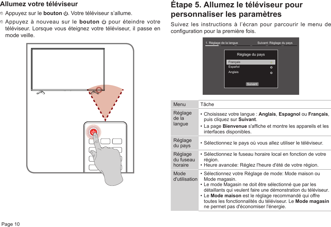  Page 10Allumez votre téléviseur Appuyez sur le bouton  . Votre téléviseur s’allume. Appuyez à nouveau sur le bouton  pour éteindre votre téléviseur. Lorsque vous éteignez votre téléviseur, il passe en mode veille.Étape 5. Allumez le téléviseur pour personnaliser les paramètresSuivez les instructions à l’écran pour parcourir le menu de configuration pour la première fois. Menu TâcheRéglage de la langue• Choisissez votre langue : Anglais, Espagnol ou Français, puis cliquez sur Suivant.• La page Bienvenue s&apos;afche et montre les appareils et les interfaces disponibles.Réglage du pays • Sélectionnez le pays où vous allez utiliser le téléviseur.Réglage du fuseau horaire• Sélectionnez le fuseau horaire local en fonction de votre région.• Heure avancée: Réglez l&apos;heure d&apos;été de votre région.Mode d&apos;utilisation• Sélectionnez votre Réglage de mode: Mode maison ou Mode magasin.• Le mode Magasin ne doit être sélectionné que par les détaillants qui veulent faire une démonstration du téléviseur.• Le Mode maison est le réglage recommandé qui offre toutes les fonctionnalités du téléviseur. Le Mode magasin ne permet pas d&apos;économiser l&apos;énergie.1. Réglage de la langue Suivant: Réglage du paysRéglage du paysFrançaisEspañolAnglaisSuivant