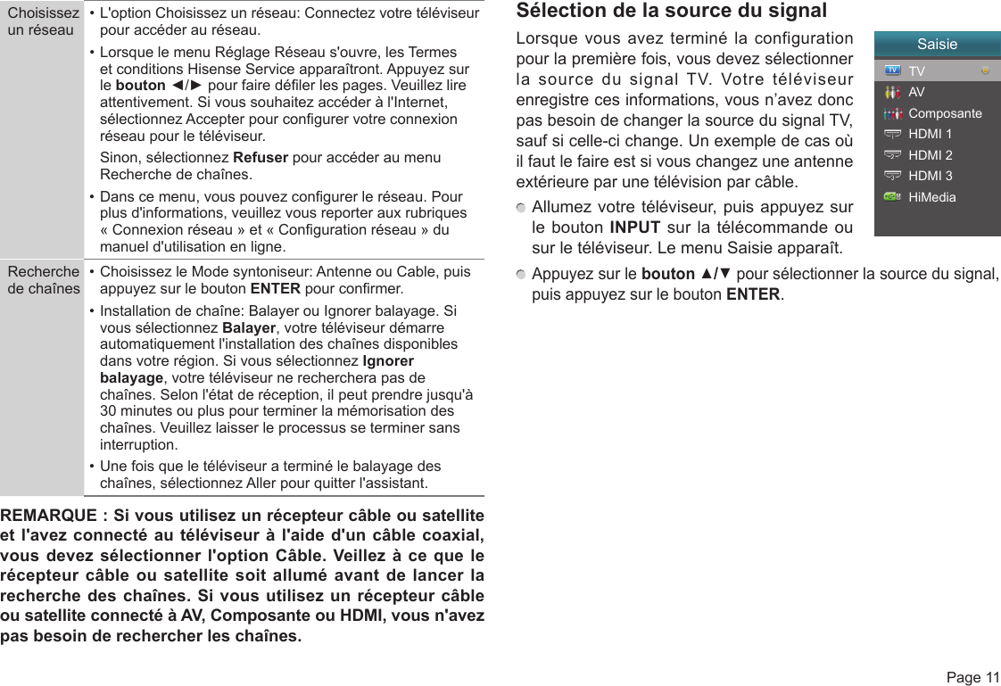  Page 11Choisissez un réseau• L&apos;option Choisissez un réseau: Connectez votre téléviseur pour accéder au réseau.• Lorsque le menu Réglage Réseau s&apos;ouvre, les Termes et conditions Hisense Service apparaîtront. Appuyez sur le bouton ◄/► pour faire déler les pages. Veuillez lire attentivement. Si vous souhaitez accéder à l&apos;Internet, sélectionnez Accepter pour congurer votre connexion réseau pour le téléviseur.  Sinon, sélectionnez Refuser pour accéder au menu Recherche de chaînes.• Dans ce menu, vous pouvez congurer le réseau. Pour plus d&apos;informations, veuillez vous reporter aux rubriques « Connexion réseau » et « Conguration réseau » du manuel d&apos;utilisation en ligne.Recherche de chaînes• Choisissez le Mode syntoniseur: Antenne ou Cable, puis appuyez sur le bouton ENTER pour conrmer.• Installation de chaîne: Balayer ou Ignorer balayage. Si vous sélectionnez Balayer, votre téléviseur démarre automatiquement l&apos;installation des chaînes disponibles dans votre région. Si vous sélectionnez Ignorer balayage, votre téléviseur ne recherchera pas de chaînes. Selon l&apos;état de réception, il peut prendre jusqu&apos;à 30 minutes ou plus pour terminer la mémorisation des chaînes. Veuillez laisser le processus se terminer sans interruption.• Une fois que le téléviseur a terminé le balayage des chaînes, sélectionnez Aller pour quitter l&apos;assistant.REMARQUE : Si vous utilisez un récepteur câble ou satellite etl&apos;avezconnectéautéléviseuràl&apos;aided&apos;uncâblecoaxial,vous devez sélectionner l&apos;option Câble. Veillezàcequelerécepteur câble ou satellite soit allumé avant de lancer la recherche des chaînes. Si vous utilisez un récepteur câble ousatelliteconnectéàAV,ComposanteouHDMI,vousn&apos;avezpas besoin de rechercher les chaînes.Sélection de la source du signalLorsque vous avez terminé la configuration pour la première fois, vous devez sélectionner la source du signal TV. Votre téléviseur enregistre ces informations, vous n’avez donc pas besoin de changer la source du signal TV, sauf si celle-ci change. Un exemple de cas où il faut le faire est si vous changez une antenne extérieure par une télévision par câble. Allumez votre téléviseur, puis appuyez sur le bouton INPUT sur la télécommande ou sur le téléviseur. Le menu Saisie apparaît. Appuyez sur le bouton ▲/▼ pour sélectionner la source du signal, puis appuyez sur le bouton ENTER.SaisieTVAVComposanteHDMI 1HDMI 2HDMI 3HiMedia