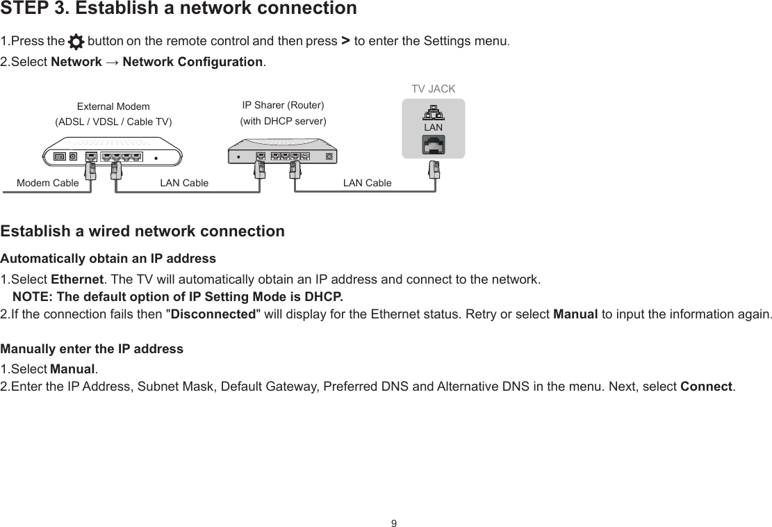 9STEP 3. Establish a network connection1.Press the button on the remote control and then press &gt; to enter the Settings menu.2.Select Network → Network  . Establish a wired network connectionAutomatically obtain an IP address1.Select Ethernet. The TV will automatically obtain an IP address and connect to the network.NOTE: The default option of IP Setting Mode is DHCP. 2.If the connection fails then &quot;Disconnected&quot; will display for the Ethernet status. Retry or select Manual to input the information again.Manually enter the IP address1.Select Manual.2.Enter the IP Address, Subnet Mask, Default Gateway, Preferred DNS and Alternative DNS in the menu. Next, select Connect.TV JACKModem Cable LAN CableLAN CableExternal Modem(ADSL / VDSL / Cable TV) IP Sharer (Router)(with DHCP server) LAN
