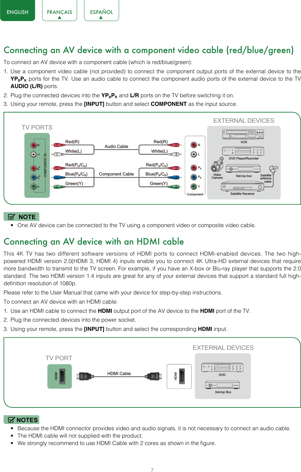 7ENGLISH FRANÇAIS ESPAÑOLConnecting an AV device with a component video cable (red/blue/green) To connect an AV device with a component cable (which is red/blue/green):1.  Use a component video cable (not provided) to connect the component output ports of the external device to the YPBPR  ports for the TV. Use an audio cable to connect the component audio ports of the external device to the TV AUDIO (L/R) ports.2.  Plug the connected devices into the YPBPR  and L/R ports on the TV before switching it on.3.  Using your remote, press the [INPUT] button and select COMPONENT as the input source.NOTE• One AV device can be connected to the TV using a component video or composite video cable.Connecting an AV device with an HDMI cableThis 4K TV has two different software versions of HDMI ports to connect HDMI-enabled devices. The two high-powered HDMI version 2.0(HDMI 3, HDMI 4) inputs enable you to connect 4K Ultra-HD external devices that require more bandwidth to transmit to the TV screen. For example, if you have an X-box or Blu-ray player that supports the 2.0 standard. The two HDMI version 1.4 inputs are great for any of your external devices that support a standard full high-definition resolution of 1080p.Please refer to the User Manual that came with your device for step-by-step instructions.To connect an AV device with an HDMI cable:1.  Use an HDMI cable to connect the HDMI output port of the AV device to the HDMI port of the TV.2.  Plug the connected devices into the power socket.3.  Using your remote, press the [INPUT] button and select the corresponding HDMI input. NOTES• Because the HDMI connector provides video and audio signals, it is not necessary to connect an audio cable.• The HDMI cable will not supplied with the product.• We strongly recommend to use HDMI Cable with 2 cores as shown in the figure.EXTERNAL DEVICESDVD Player/RecorderVideo Camera Set-top boxSatellite ReceiverSatellite antenna cableVCRComponentRLPRPBYWhite(L) White(L)Red(R) Red(R)Audio Cable Component Cable Red(PR/CR) Red(PR/CR)Blue(PB/CB) Blue(PB/CB)Green(Y) Green(Y)YPBPRCOMPONENT INL RTV PORTSHDMIHDMIEXTERNAL DEVICESDVDSet-top BoxTV PORTHDMI Cable 