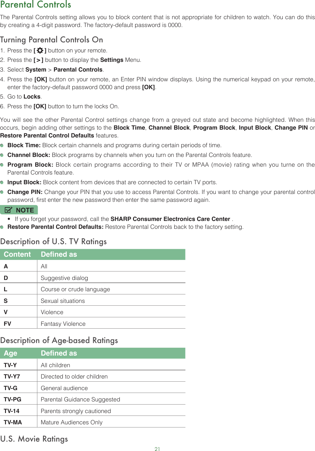21Parental ControlsThe Parental Controls setting allows you to block content that is not appropriate for children to watch. You can do this by creating a 4-digit password. The factory-default password is 0000.Turning Parental Controls On1.  Press the [   ] button on your remote.2.  Press the [ &gt; ] button to display the Settings Menu. 3.  Select System &gt; Parental Controls.4.  Press the [OK] button on your remote, an Enter PIN window displays. Using the numerical keypad on your remote, enter the factory-default password 0000 and press [OK].5.  Go to Locks.6.  Press the [OK] button to turn the locks On.You will see the other Parental Control settings change from a greyed out state and become highlighted. When this occurs, begin adding other settings to the Block Time, Channel Block, Program Block, Input Block, Change PIN or Restore Parental Control Defaults features. Block Time: Block certain channels and programs during certain periods of time. Channel Block: Block programs by channels when you turn on the Parental Controls feature. Program Block: Block certain programs according to their TV or MPAA (movie) rating when you turne on the Parental Controls feature. Input Block: Block content from devices that are connected to certain TV ports. Change PIN: Change your PIN that you use to access Parental Controls. If you want to change your parental control password, first enter the new password then enter the same password again.NOTE• If you forget your password, call the SHARP Consumer Electronics Care Center . Restore Parental Control Defaults: Restore Parental Controls back to the factory setting.Description of U.S. TV RatingsContent Defined asAAllDSuggestive dialogLCourse or crude languageSSexual situationsVViolenceFV Fantasy ViolenceDescription of Age-based RatingsAge Defined asTV-Y All childrenTV-Y7 Directed to older childrenTV-G General audienceTV-PG Parental Guidance SuggestedTV-14 Parents strongly cautionedTV-MA Mature Audiences OnlyU.S. Movie Ratings