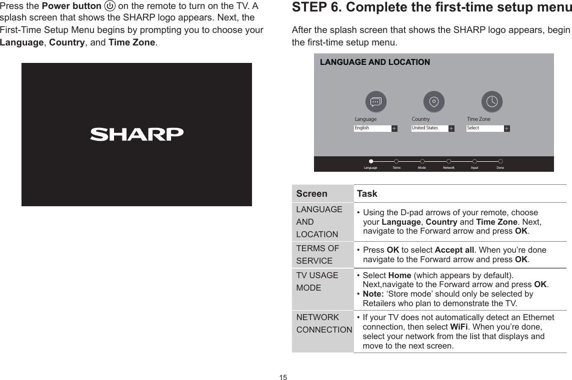 15Press the Powerbutton   on the remote to turn on the TV. A splash screen that shows the SHARP logo appears. Next, the First-Time Setup Menu begins by prompting you to choose your Language, Country, and Time Zone.STEP6.Completetherst-timesetupmenuAfter the splash screen that shows the SHARP logo appears, begin therst-timesetupmenu.Screen  TaskLANGUAGEAND LOCATION• UsingtheD-padarrowsofyourremote,choose your Language, Country and Time Zone. Next,  navigate to the Forward arrow and press OK.TERMS OF SERVICE• PressOK to select Acceptall.Whenyou’redone  navigate to the Forward arrow and press OK.TV USAGE MODE•SelectHome (which appears by default). Next,navigate to the Forward arrow and press OK.•Note: ‘Store mode’ should only be selected by Retailers who plan to demonstrate the TV.NETWORKCONNECTION•IfyourTVdoesnotautomaticallydetectanEthernetconnection, then select WiFi.Whenyou’redone,select your network from the list that displays and move to the next screen.LANGUAGE AND LOCATIONLanguageLanguage Country Time ZoneTermsMode Network Input Done+ + +English United States Select