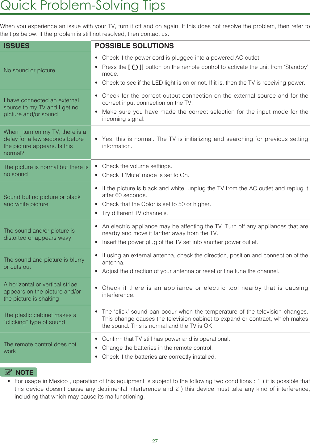 27Quick Problem-Solving Tips When you experience an issue with your TV, turn it off and on again. If this does not resolve the problem, then refer to the tips below. If the problem is still not resolved, then contact us. ISSUES POSSIBLE SOLUTIONSNo sound or picture• Check if the power cord is plugged into a powered AC outlet.• Press the [   ]] button on the remote control to activate the unit from ‘Standby’ mode.• Check to see if the LED light is on or not. If it is, then the TV is receiving power.I have connected an external source to my TV and I get no picture and/or sound• Check for the correct output connection on the external source and for the correct input connection on the TV.• Make sure you have made the correct selection for the input mode for the incoming signal.When I turn on my TV, there is a delay for a few seconds before the picture appears. Is this normal?• Yes, this is normal. The TV is initializing and searching for previous setting information.The picture is normal but there is no sound• Check the volume settings.• Check if ‘Mute’ mode is set to On.Sound but no picture or black and white picture• If the picture is black and white, unplug the TV from the AC outlet and replug it after 60 seconds.• Check that the Color is set to 50 or higher. • Try different TV channels.The sound and/or picture is distorted or appears wavy• An electric appliance may be affecting the TV. Turn off any appliances that are nearby and move it farther away from the TV.• Insert the power plug of the TV set into another power outlet.The sound and picture is blurry or cuts out• If using an external antenna, check the direction, position and connection of the antenna.• Adjust the direction of your antenna or reset or fine tune the channel.A horizontal or vertical stripe appears on the picture and/or the picture is shaking• Check if there is an appliance or electric tool nearby that is causing interference.The plastic cabinet makes a “clicking” type of sound• The ‘click’ sound can occur when the temperature of the television changes. This change causes the television cabinet to expand or contract, which makes the sound. This is normal and the TV is OK.The remote control does not work• Confirm that TV still has power and is operational.• Change the batteries in the remote control.• Check if the batteries are correctly installed.NOTE• For usage in Mexico , operation of this equipment is subject to the following two conditions : 1 ) it is possible that this device doesn’t cause any detrimental interference and 2 ) this device must take any kind of interference, including that which may cause its malfunctioning.