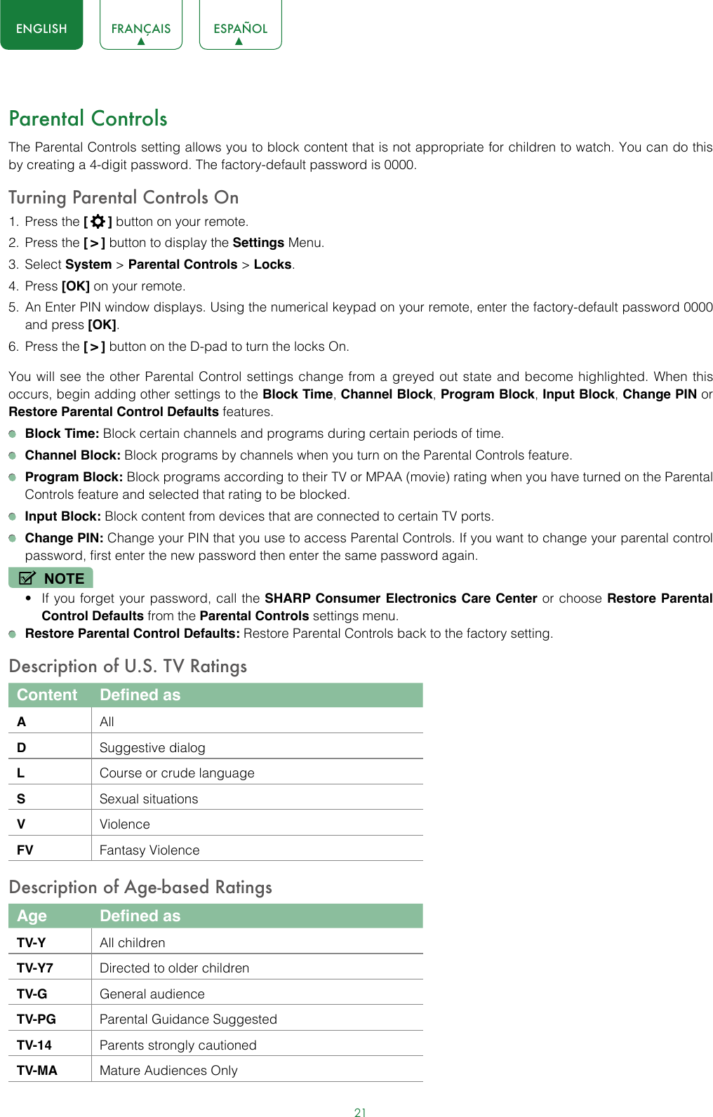 21ENGLISH FRANÇAIS ESPAÑOLParental ControlsThe Parental Controls setting allows you to block content that is not appropriate for children to watch. You can do this by creating a 4-digit password. The factory-default password is 0000.Turning Parental Controls On1.  Press the [  ] button on your remote.2.  Press the [ &gt; ] button to display the Settings Menu. 3.  Select System &gt; Parental Controls &gt; Locks.4.  Press [OK] on your remote.5.  An Enter PIN window displays. Using the numerical keypad on your remote, enter the factory-default password 0000 and press [OK].6.  Press the [ &gt; ] button on the D-pad to turn the locks On. You will see the other Parental Control settings change from a greyed out state and become highlighted. When this occurs, begin adding other settings to the Block Time, Channel Block, Program Block, Input Block, Change PIN or Restore Parental Control Defaults features. Block Time: Block certain channels and programs during certain periods of time. Channel Block: Block programs by channels when you turn on the Parental Controls feature. Program Block: Block programs according to their TV or MPAA (movie) rating when you have turned on the Parental Controls feature and selected that rating to be blocked. Input Block: Block content from devices that are connected to certain TV ports. Change PIN: Change your PIN that you use to access Parental Controls. If you want to change your parental control password, first enter the new password then enter the same password again.NOTE• If you forget your password, call the SHARP Consumer Electronics Care Center or choose Restore Parental Control Defaults from the Parental Controls settings menu. Restore Parental Control Defaults: Restore Parental Controls back to the factory setting.Description of U.S. TV RatingsContent Defined asAAllDSuggestive dialogLCourse or crude languageSSexual situationsVViolenceFV Fantasy ViolenceDescription of Age-based RatingsAge Defined asTV-Y All childrenTV-Y7 Directed to older childrenTV-G General audienceTV-PG Parental Guidance SuggestedTV-14 Parents strongly cautionedTV-MA Mature Audiences Only