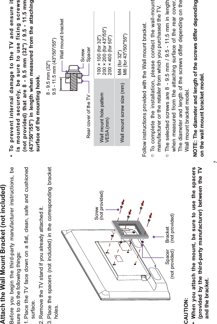 7Attach the Wall Mount Bracket (not included)Before you begin the third-party manufacturer instructions, be sure to do the following things:1.Place the TV face down on a flat, clean, safe and cushioned surface.2.Remove the TV stand if you already attached it. 3.Place the spacers (not included) in the corresponding bracket holes.CAUTION: :KHQ\RXDWWDFKWKHPRXQWEHVXUHWRXVHWKHVSDFHUV(provided by the third-party manufacturer) between the TV and the bracket. 7RSUHYHQWLQWHUQDOGDPDJHWRWKH79DQGHQVXUHLWLVPRXQWHGVHFXUHO\EHVXUHWRXVHIL[LQJVFUHZV(not provided) that are 8 - 9.5 mm (32&quot;) / 9.5 - 11.5 mm (43&quot;/50&quot;/55&quot;) in length when measured from the attaching surface of the mounting hook.9.5 - 11.5 mm (43&quot;/50&quot;Ǝ8 - 9.5 mm (32&quot;)Wall mount hole pattern VESA (mm)100 ×IRUƎ200 ×IRUƎƎ200 ×IRUƎWall mount screw size (mm) 0IRUƎ0IRUƎƎƎFollow instructions provided with the Wall mount bracket. To complete the installation, please contact the wall-mount manufacturer or the retailer from which you purchased the TV. The selected screws are 8 - 9.5 mm / 9.5 - 11.5 mm in length when measured from the attaching surface of the rear cover. The diameter and length of the screws differ depending on the Wall mount bracket model.NOTE: The diameter and length of the screws differ depending on the wall mount bracket model.Screw(not provided)Bracket(not provided)Spacer(not provided)Rear cover of the TV SpacerScrewWall mount bracket