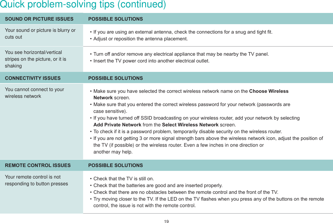 19Quick problem-solving tips (continued)SOUND OR PICTURE ISSUES POSSIBLE SOLUTIONSYour sound or picture is blurry or cuts out ,I\RXDUHXVLQJDQH[WHUQDODQWHQQDFKHFNWKHFRQQHFWLRQVIRUDVQXJDQGWLJKW¿W$GMXVWRUUHSRVLWLRQWKHDQWHQQDSODFHPHQWYou see horizontal/vertical stripes on the picture, or it is shaking7XUQRIIDQGRUUHPRYHDQ\HOHFWULFDODSSOLDQFHWKDWPD\EHQHDUE\WKH79SDQHO,QVHUWWKH79SRZHUFRUGLQWRDQRWKHUHOHFWULFDORXWOHWCONNECTIVITY ISSUES POSSIBLE SOLUTIONSYou cannot connect to your wireless network 0DNHVXUH\RXKDYHVHOHFWHGWKHFRUUHFWZLUHOHVVQHWZRUNQDPHRQWKHChoose Wireless  Network screen.0DNHVXUHWKDW\RXHQWHUHGWKHFRUUHFWZLUHOHVVSDVVZRUGIRU\RXUQHWZRUNSDVVZRUGVDUH case sensitive).,I\RXKDYHWXUQHGRII66,&apos;EURDGFDVWLQJRQ\RXUZLUHOHVVURXWHUDGG\RXUQHWZRUNE\VHOHFWLQJ Add Private Network from the Select Wireless Network screen.7RFKHFNLILWLVDSDVVZRUGSUREOHPWHPSRUDULO\GLVDEOHVHFXULW\RQWKHZLUHOHVVURXWHU,I\RXDUHQRWJHWWLQJRUPRUHVLJQDOVWUHQJWKEDUVDERYHWKHZLUHOHVVQHWZRUNLFRQDGMXVWWKHSRVLWLRQRIthe TV (if possible) or the wireless router. Even a few inches in one direction or  another may help.REMOTE CONTROL ISSUES POSSIBLE SOLUTIONSYour remote control is not responding to button presses &amp;KHFNWKDWWKH79LVVWLOORQ&amp;KHFNWKDWWKHEDWWHULHVDUHJRRGDQGDUHLQVHUWHGSURSHUO\&amp;KHFNWKDWWKHUHDUHQRREVWDFOHVEHWZHHQWKHUHPRWHFRQWURODQGWKHIURQWRIWKH797U\PRYLQJFORVHUWRWKH79,IWKH/(&apos;RQWKH79ÀDVKHVZKHQ\RXSUHVVDQ\RIWKHEXWWRQVRQWKHUHPRWHcontrol, the issue is not with the remote control.