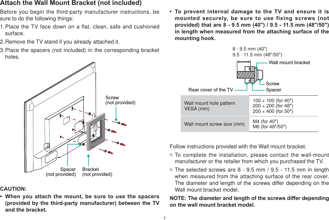 7Attach the Wall Mount Bracket (not included)Before you begin the third-party manufacturer instructions, be sure to do the following things:1. Place the TV face down on a flat, clean, safe and cushioned surface.  2. Remove the TV stand if you already attached it. 3. Place the spacers (not included) in the corresponding bracket holes. CAUTION:  When you attach the mount be sure to use the spacers (provided by the third-party manufacturer) between the TV and the bracket.  To prevent internal damage to the TV and ensure it is mounted securely be sure to use fi[ing screws (not provided) that are 8 - 9.5 mm (40&quot;) / 9.5 - 11.5 mm (48&quot;/50&quot;) in length when measured from the attaching surface of the mounting hook.9.5 - 11.5 mm (48&quot;/50&quot;)8 - 9.5 mm (40&quot;)Wall mount hole pattern VESA (mm)100 ×IRUƎ200 ×IRUƎ200 ×IRUƎWall mount screw size (mm) 0IRUƎ0IRUƎƎFollow instructions provided with the Wall mount bracket.  To complete the installation, please contact the wall-mount manufacturer or the retailer from which you purchased the TV.  The selected screws are 8 - 9.5 mm / 9.5 - 11.5 mm in length when measured from the attaching surface of the rear cover. The diameter and length of the screws differ depending on the Wall mount bracket model.NOTE: The diameter and length of the screws differ depending on the wall mount bracket model.Screw (not provided)Bracket (not provided)Spacer (not provided)Rear cover of the TV SpacerScrewWall mount bracket