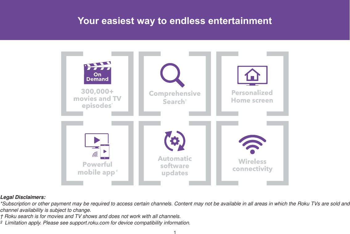 1Your easiest way to endless entertainmentLegal Disclaimers:*Subscription or other payment may be required to access certain channels. Content may not be available in all areas in which the Roku TVs are sold and channel availability is subject to change.† Roku search is for movies and TV shows and does not work with all channels.º  Limitation apply. Please see support.roku.com for device compatibility information.