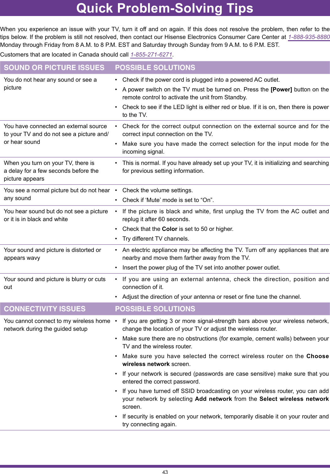 43Quick Problem-Solving TipsWhen you experience an issue with your TV, turn it off and on again. If this does not resolve the problem, then refer to the tips below. If the problem is still not resolved, then contact our Hisense Electronics Consumer Care Center at 1-888-935-8880 Monday through Friday from 8 A.M. to 8 P.M. EST and Saturday through Sunday from 9 A.M. to 6 P.M. EST.Customers that are located in Canada should call 1-855-271-6271.SOUND OR PICTURE ISSUES POSSIBLE SOLUTIONSYou do not hear any sound or see a picture• Check if the power cord is plugged into a powered AC outlet.• A power switch on the TV must be turned on. Press the [Power] button on the remote control to activate the unit from Standby.• Check to see if the LED light is either red or blue. If it is on, then there is power to the TV.You have connected an external source to your TV and do not see a picture and/or hear sound• Check for the correct output connection on the external source and for the correct input connection on the TV.• Make sure you have made the correct selection for the input mode for the incoming signal.When you turn on your TV, there is a delay for a few seconds before the picture appears• This is normal. If you have already set up your TV, it is initializing and searching for previous setting information.You see a normal picture but do not hear any sound• Check the volume settings.• Check if ‘Mute’ mode is set to “On”.You hear sound but do not see a picture or it is in black and white• If the picture is black and white, first unplug the TV from the AC outlet and replug it after 60 seconds.• Check that the Color is set to 50 or higher.• Try different TV channels.Your sound and picture is distorted or appears wavy• An electric appliance may be affecting the TV. Turn off any appliances that are nearby and move them farther away from the TV.• Insert the power plug of the TV set into another power outlet.Your sound and picture is blurry or cuts out• If you are using an external antenna, check the direction, position and connection of it.• Adjust the direction of your antenna or reset or fine tune the channel.CONNECTIVITY ISSUES POSSIBLE SOLUTIONSYou cannot connect to my wireless home network during the guided setup• If you are getting 3 or more signal-strength bars above your wireless network, change the location of your TV or adjust the wireless router.• Make sure there are no obstructions (for example, cement walls) between your TV and the wireless router.• Make sure you have selected the correct wireless router on the Choose wireless network screen.• If your network is secured (passwords are case sensitive) make sure that you entered the correct password.• If you have turned off SSID broadcasting on your wireless router, you can add your network by selecting Add network from the Select wireless network screen.• If security is enabled on your network, temporarily disable it on your router and try connecting again.