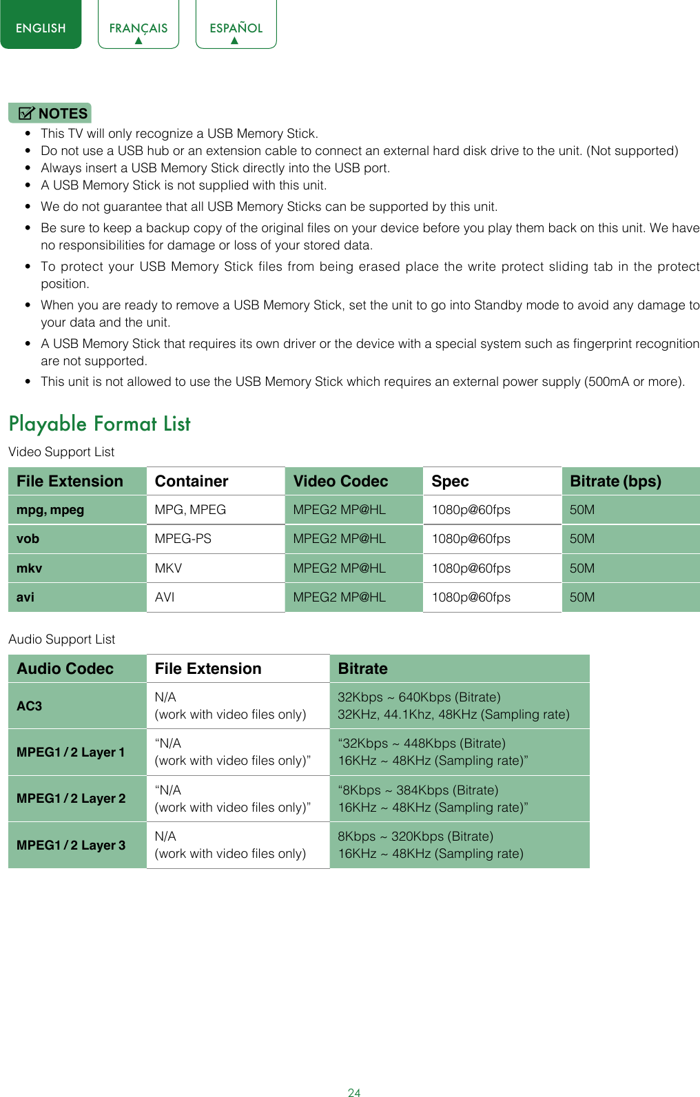 24ENGLISH FRANÇAIS ESPAÑOLNOTES• This TV will only recognize a USB Memory Stick.• Do not use a USB hub or an extension cable to connect an external hard disk drive to the unit. (Not supported)• Always insert a USB Memory Stick directly into the USB port.• A USB Memory Stick is not supplied with this unit.• We do not guarantee that all USB Memory Sticks can be supported by this unit.• Be sure to keep a backup copy of the original files on your device before you play them back on this unit. We have no responsibilities for damage or loss of your stored data.• To protect your USB Memory Stick files from being erased place the write protect sliding tab in the protect position.• When you are ready to remove a USB Memory Stick, set the unit to go into Standby mode to avoid any damage to your data and the unit.• A USB Memory Stick that requires its own driver or the device with a special system such as fingerprint recognition are not supported.• This unit is not allowed to use the USB Memory Stick which requires an external power supply (500mA or more).Playable Format ListVideo Support ListFile Extension Container Video Codec Spec Bitrate (bps)mpg, mpeg MPG, MPEG MPEG2 MP@HL 1080p@60fps 50Mvob MPEG-PS MPEG2 MP@HL 1080p@60fps 50Mmkv MKV MPEG2 MP@HL 1080p@60fps 50Mavi AVI MPEG2 MP@HL 1080p@60fps 50MAudio Support ListAudio Codec File Extension BitrateAC3 N/A(work with video files only)32Kbps ~ 640Kbps (Bitrate)32KHz, 44.1Khz, 48KHz (Sampling rate)MPEG1 / 2 Layer 1“N/A(work with video files only)”“32Kbps ~ 448Kbps (Bitrate)16KHz ~ 48KHz (Sampling rate)”MPEG1 / 2 Layer 2“N/A(work with video files only)”“8Kbps ~ 384Kbps (Bitrate)16KHz ~ 48KHz (Sampling rate)”MPEG1 / 2 Layer 3N/A(work with video files only)8Kbps ~ 320Kbps (Bitrate)16KHz ~ 48KHz (Sampling rate)