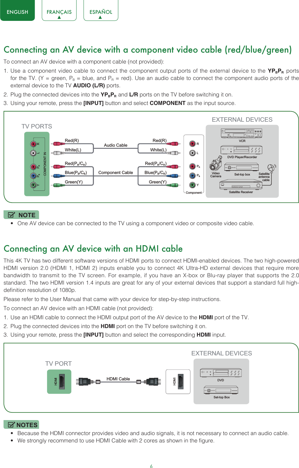 6ENGLISH FRANÇAIS ESPAÑOLConnecting an AV device with a component video cable (red/blue/green) To connect an AV device with a component cable (not provided):1.  Use a component video cable to connect the component output ports of the external device to the YPBPR  ports for the TV. (Y = green, PB = blue, and PR = red). Use an audio cable to connect the component audio ports of the external device to the TV AUDIO (L/R) ports. 2.  Plug the connected devices into the YPBPR  and L/R ports on the TV before switching it on.3.  Using your remote, press the [INPUT] button and select COMPONENT as the input source.NOTE• One AV device can be connected to the TV using a component video or composite video cable.Connecting an AV device with an HDMI cableThis 4K TV has two different software versions of HDMI ports to connect HDMI-enabled devices. The two high-powered HDMI version 2.0 (HDMI 1, HDMI 2) inputs enable you to connect 4K Ultra-HD external devices that require more bandwidth to transmit to the TV screen. For example, if you have an X-box or Blu-ray player that supports the 2.0 standard. The two HDMI version 1.4 inputs are great for any of your external devices that support a standard full high-definition resolution of 1080p.Please refer to the User Manual that came with your device for step-by-step instructions.To connect an AV device with an HDMI cable (not provided):1.  Use an HDMI cable to connect the HDMI output port of the AV device to the HDMI port of the TV.2.  Plug the connected devices into the HDMI port on the TV before switching it on.3.  Using your remote, press the [INPUT] button and select the corresponding HDMI input. NOTES• Because the HDMI connector provides video and audio signals, it is not necessary to connect an audio cable.• We strongly recommend to use HDMI Cable with 2 cores as shown in the figure.EXTERNAL DEVICESDVD Player/RecorderVideo Camera Set-top boxSatellite ReceiverSatellite antenna cableVCRComponentRLPRPBYWhite(L) White(L)Red(R) Red(R)Audio Cable Component Cable Red(PR/CR) Red(PR/CR)Blue(PB/CB) Blue(PB/CB)Green(Y) Green(Y)YPBPRCOMPONENT INL RTV PORTSHDMIHDMIEXTERNAL DEVICESDVDSet-top BoxTV PORTHDMI Cable 