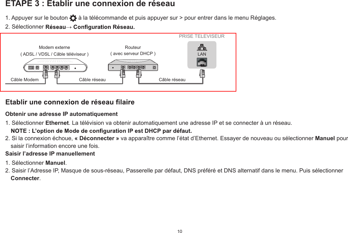 10ETAPE 3 : Etablir une connexion de réseau1. Appuyer sur le bouton   à la télécommande et puis appuyer sur &gt; pour entrer dans le menu Réglages.2. Sélectionner Obtenir une adresse IP automatiquement1. Sélectionner Ethernet. La télévision va obtenir automatiquement une adresse IP et se connecter à un réseau.2. Si la connexion échoue, « Déconnecter » va apparaître comme l’état d’Ethernet. Essayer de nouveau ou sélectionner Manuel pour saisir l’information encore une fois.Saisir l’adresse IP manuellement1. Sélectionner Manuel.2. Saisir l’Adresse IP, Masque de sous-réseau, Passerelle par défaut, DNS préféré et DNS alternatif dans le menu. Puis sélectionner Connecter.LANPRISE TELEVISEURCâble Modem Câble réseau Câble réseauModem externe( ADSL / VDSL / Câble téléviseur )Routeur( avec serveur DHCP )