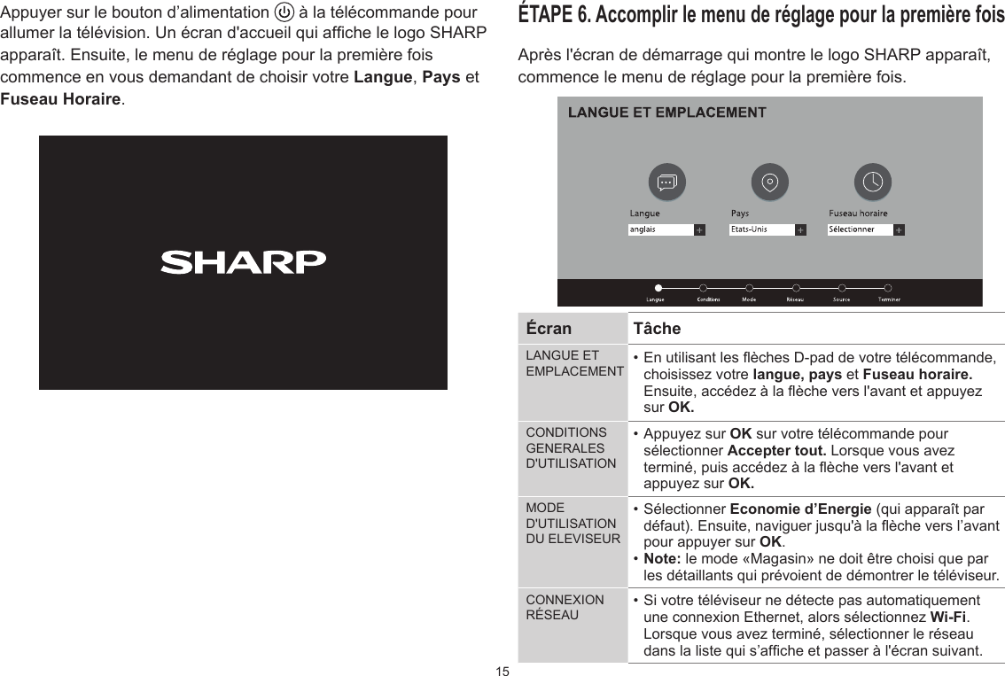 15Appuyer sur le bouton d’alimentation   à la télécommande pour allumer la télévision. Un écran d&apos;accueil qui afche le logo SHARP apparaît. Ensuite, le menu de réglage pour la première fois commence en vous demandant de choisir votre Langue, Pays et Fuseau Horaire. ÉTAPE 6. Accomplir le menu de réglage pour la première foisAprès l&apos;écran de démarrage qui montre le logo SHARP apparaît, commence le menu de réglage pour la première fois.Écran  TâcheLANGUE ET EMPLACEMENT • En utilisant les èches D-pad de votre télécommande, choisissez votre langue, pays et Fuseau horaire. Ensuite, accédez à la èche vers l&apos;avant et appuyez sur OK.CONDITIONS GENERALES D&apos;UTILISATION• Appuyez sur OK sur votre télécommande pour sélectionner Accepter tout. Lorsque vous avez terminé, puis accédez à la èche vers l&apos;avant et appuyez sur OK.MODE D&apos;UTILISATION DU ELEVISEUR• Sélectionner Economie d’Energie (qui apparaît par défaut). Ensuite, naviguer jusqu&apos;à la èche vers l’avant pour appuyer sur OK.• Note: le mode «Magasin» ne doit être choisi que par les détaillants qui prévoient de démontrer le téléviseur. CONNEXION RÉSEAU • Si votre téléviseur ne détecte pas automatiquement une connexion Ethernet, alors sélectionnez Wi-Fi. Lorsque vous avez terminé, sélectionner le réseau dans la liste qui s’afche et passer à l&apos;écran suivant.