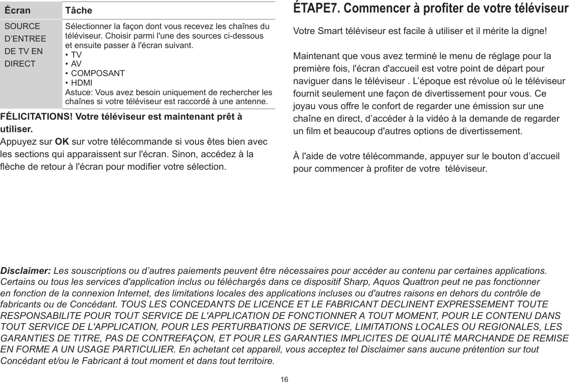 16ÉTAPE7. Commencer à proter de votre téléviseurVotre Smart téléviseur est facile à utiliser et il mérite la digne!Maintenant que vous avez terminé le menu de réglage pour la première fois, l&apos;écran d&apos;accueil est votre point de départ pour naviguer dans le téléviseur . L’époque est révolue où le téléviseur fournit seulement une façon de divertissement pour vous. Ce joyau vous offre le confort de regarder une émission sur une chaîne en direct, d’accéder à la vidéo à la demande de regarder un lm et beaucoup d&apos;autres options de divertissement.À l&apos;aide de votre télécommande, appuyer sur le bouton d’accueil pour commencer à proter de votre  téléviseur.Disclaimer: Les souscriptions ou d’autres paiements peuvent être nécessaires pour accéder au contenu par certaines applications. Certains ou tous les services d&apos;application inclus ou téléchargés dans ce dispositif Sharp, Aquos Quattron peut ne pas fonctionner en fonction de la connexion Internet, des limitations locales des applications incluses ou d&apos;autres raisons en dehors du contrôle de fabricants ou de Concédant. TOUS LES CONCEDANTS DE LICENCE ET LE FABRICANT DECLINENT EXPRESSEMENT TOUTE RESPONSABILITE POUR TOUT SERVICE DE L&apos;APPLICATION DE FONCTIONNER A TOUT MOMENT, POUR LE CONTENU DANS TOUT SERVICE DE L&apos;APPLICATION, POUR LES PERTURBATIONS DE SERVICE, LIMITATIONS LOCALES OU REGIONALES, LES GARANTIES DE TITRE, PAS DE CONTREFAÇON, ET POUR LES GARANTIES IMPLICITES DE QUALITÉ MARCHANDE DE REMISE EN FORME A UN USAGE PARTICULIER. En achetant cet appareil, vous acceptez tel Disclaimer sans aucune prétention sur tout Concédant et/ou le Fabricant à tout moment et dans tout territoire.Écran  TâcheSOURCE D’ENTREE DE TV EN DIRECTSélectionner la façon dont vous recevez les chaînes du téléviseur. Choisir parmi l&apos;une des sources ci-dessous et ensuite passer à l&apos;écran suivant.• TV• AV• COMPOSANT• HDMIAstuce: Vous avez besoin uniquement de rechercher les chaînes si votre téléviseur est raccordé à une antenne.FÉLICITATIONS! Votre téléviseur est maintenant prêt à utiliser.Appuyez sur OK sur votre télécommande si vous êtes bien avec les sections qui apparaissent sur l&apos;écran. Sinon, accédez à la èche de retour à l&apos;écran pour modier votre sélection.