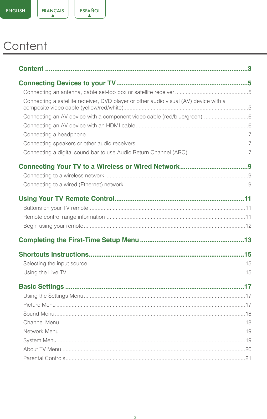 3ENGLISH FRANÇAIS ESPAÑOLContent Content ...............................................................................................................3Connecting Devices to your TV ........................................................................5Connecting an antenna, cable set-top box or satellite receiver ................................................5Connecting a satellite receiver, DVD player or other audio visual (AV) device with a composite video cable (yellow/red/white)..................................................................................5Connecting an AV device with a component video cable (red/blue/green)  ............................. 6Connecting an AV device with an HDMI cable .......................................................................... 6Connecting a headphone ..........................................................................................................7Connecting speakers or other audio receivers .......................................................................... 7Connecting a digital sound bar to use Audio Return Channel (ARC)........................................7Connecting Your TV to a Wireless or Wired Network .....................................9Connecting to a wireless network ..............................................................................................9Connecting to a wired (Ethernet) network..................................................................................9Using Your TV Remote Control .......................................................................11Buttons on your TV remote ....................................................................................................... 11Remote control range information ............................................................................................ 11Begin using your remote ..........................................................................................................12Completing the First-Time Setup Menu .........................................................13Shortcuts Instructions .....................................................................................15Selecting the input source .......................................................................................................15Using the Live TV .....................................................................................................................15Basic Settings ..................................................................................................17Using the Settings Menu ..........................................................................................................17Picture Menu ............................................................................................................................17Sound Menu .............................................................................................................................18Channel Menu ..........................................................................................................................18Network Menu ..........................................................................................................................19System Menu ...........................................................................................................................19About TV Menu ........................................................................................................................20Parental Controls ...................................................................................................................... 21