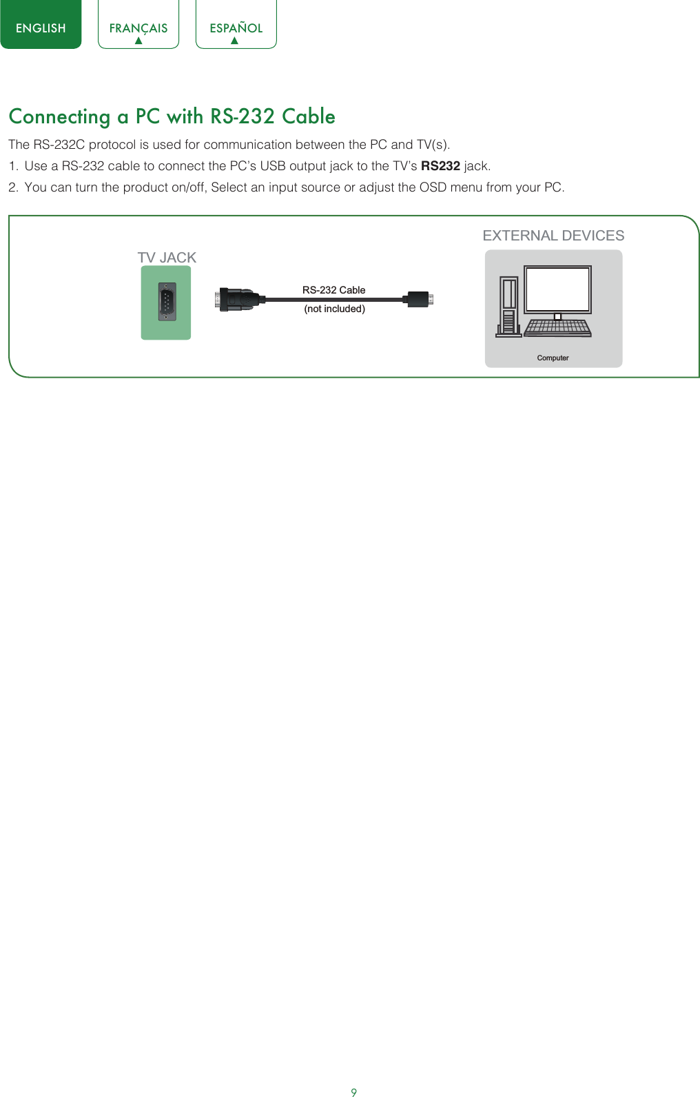 ENGLISH FRANÇAIS ESPAÑOL9Connecting a PC with RS-232 CableThe RS-232C protocol is used for communication between the PC and TV(s). 1.  Use a RS-232 cable to connect the PC’s USB output jack to the TV’s RS232 jack.2.  You can turn the product on/off, Select an input source or adjust the OSD menu from your PC.EXTERNAL DEVICESComputerTV JACKRS-232 Cable (not included)