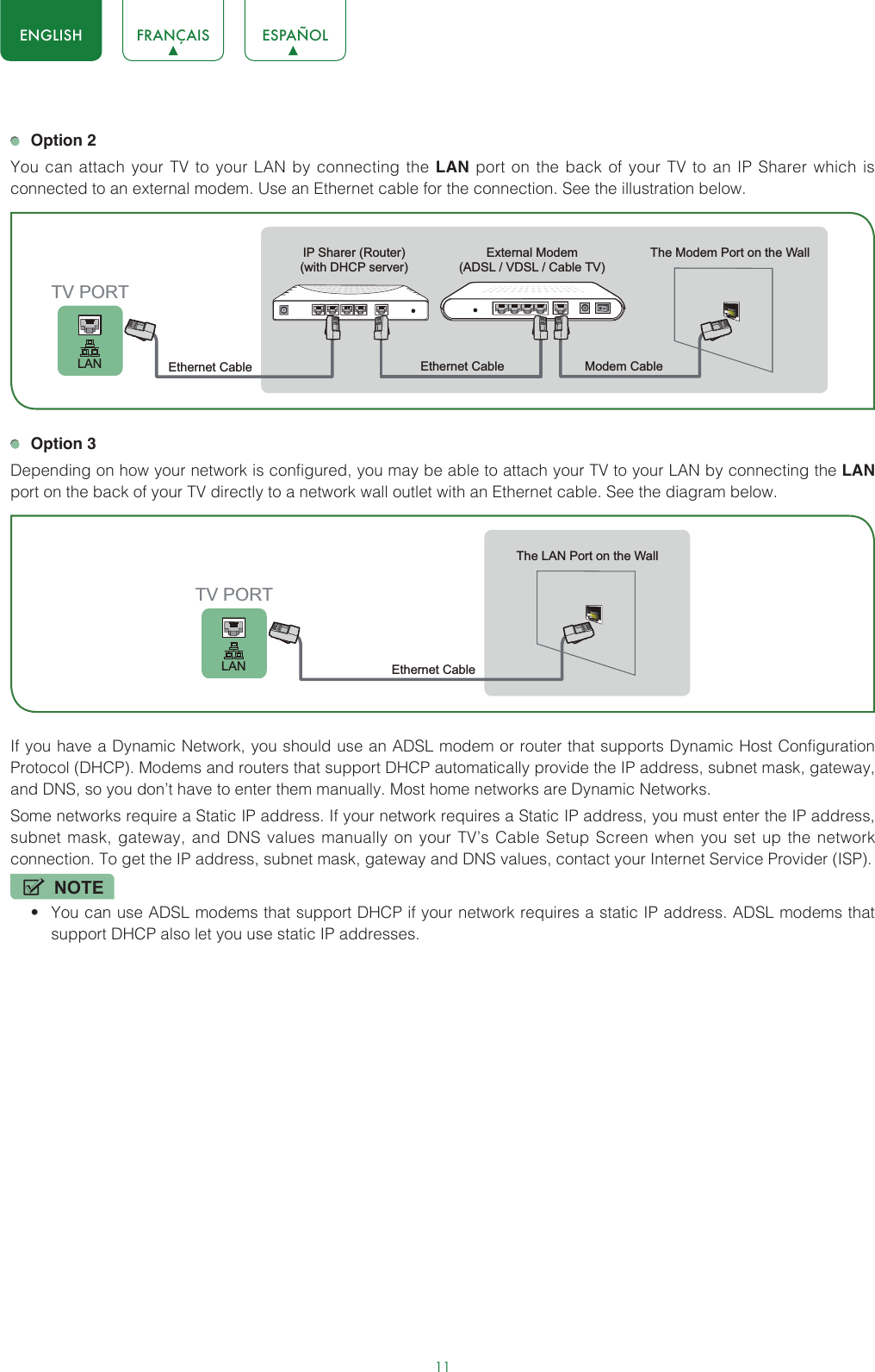 11ENGLISH FRANÇAIS ESPAÑOL Option 2You can attach your TV to your LAN by connecting the LAN port on the back of your TV to an IP Sharer which is connected to an external modem. Use an Ethernet cable for the connection. See the illustration below. Option 3Depending on how your network is configured, you may be able to attach your TV to your LAN by connecting the LAN port on the back of your TV directly to a network wall outlet with an Ethernet cable. See the diagram below. If you have a Dynamic Network, you should use an ADSL modem or router that supports Dynamic Host Configuration Protocol (DHCP). Modems and routers that support DHCP automatically provide the IP address, subnet mask, gateway, and DNS, so you don’t have to enter them manually. Most home networks are Dynamic Networks.Some networks require a Static IP address. If your network requires a Static IP address, you must enter the IP address, subnet mask, gateway, and DNS values manually on your TV’s Cable Setup Screen when you set up the network connection. To get the IP address, subnet mask, gateway and DNS values, contact your Internet Service Provider (ISP).NOTE• You can use ADSL modems that support DHCP if your network requires a static IP address. ADSL modems that support DHCP also let you use static IP addresses.External Modem(ADSL / VDSL / Cable TV)  The Modem Port on the WallModem Cable IP Sharer (Router)(with DHCP server) Ethernet CableEthernet Cable LANTV PORTThe LAN Port on the WallEthernet Cable LANTV PORT