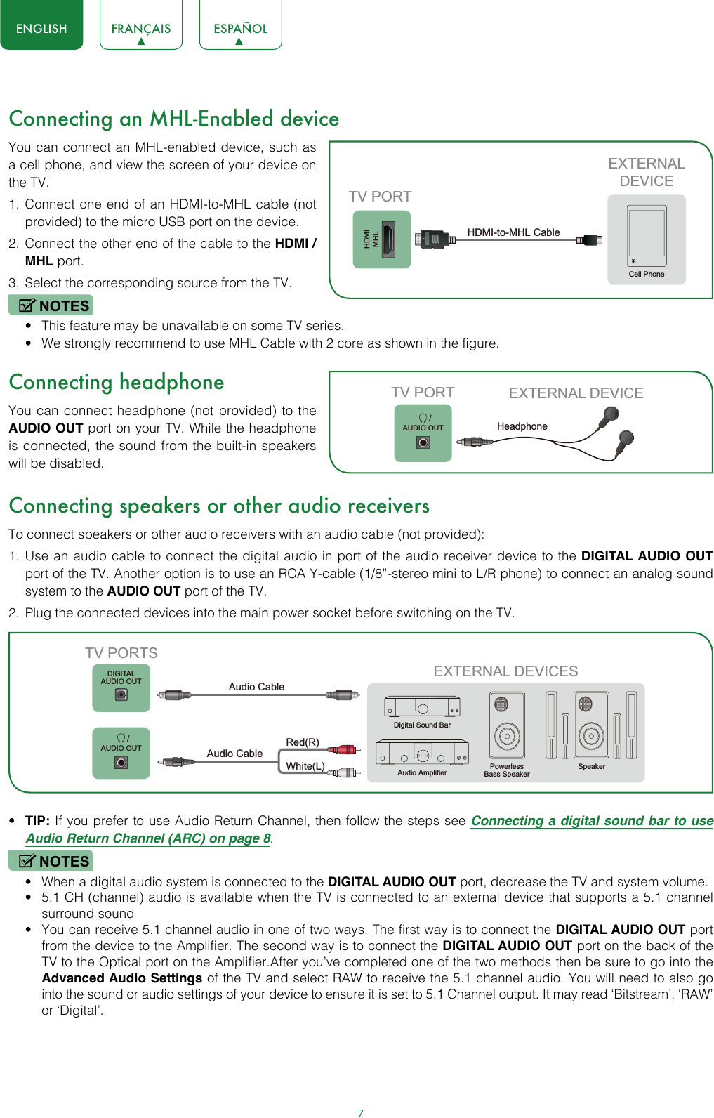 7ENGLISH FRANÇAIS ESPAÑOLConnecting an MHL-Enabled deviceYou can connect an MHL-enabled device, such as a cell phone, and view the screen of your device on the TV.1.  Connect one end of an HDMI-to-MHL cable (not provided) to the micro USB port on the device.2.  Connect the other end of the cable to the HDMI / MHL port.3.  Select the corresponding source from the TV. NOTES• This feature may be unavailable on some TV series.• We strongly recommend to use MHL Cable with 2 core as shown in the figure.Connecting headphoneYou can connect headphone (not provided) to the AUDIO OUT port on your TV. While the headphone is connected, the sound from the built-in speakers will be disabled.Connecting speakers or other audio receiversTo connect speakers or other audio receivers with an audio cable (not provided):1.  Use an audio cable to connect the digital audio in port of the audio receiver device to the DIGITAL AUDIO OUT port of the TV. Another option is to use an RCA Y-cable (1/8”-stereo mini to L/R phone) to connect an analog sound system to the AUDIO OUT port of the TV.2.  Plug the connected devices into the main power socket before switching on the TV.• TIP: If you prefer to use Audio Return Channel, then follow the steps see Connecting a digital sound bar to use Audio Return Channel (ARC) on page 8.NOTES• When a digital audio system is connected to the DIGITAL AUDIO OUT port, decrease the TV and system volume. • 5.1 CH (channel) audio is available when the TV is connected to an external device that supports a 5.1 channel surround sound • You can receive 5.1 channel audio in one of two ways. The first way is to connect the DIGITAL AUDIO OUT port from the device to the Amplifier. The second way is to connect the DIGITAL AUDIO OUT port on the back of the TV to the Optical port on the Amplifier.After you’ve completed one of the two methods then be sure to go into the Advanced Audio Settings of the TV and select RAW to receive the 5.1 channel audio. You will need to also go into the sound or audio settings of your device to ensure it is set to 5.1 Channel output. It may read ‘Bitstream’, ‘RAW’ or ‘Digital’.HDMIMHLEXTERNALDEVICECell PhoneTV PORTHDMI-to-MHL Cable        /AUDIO OUTTV PORT EXTERNAL DEVICEHeadphone EXTERNAL DEVICESPowerless Bass Speaker SpeakerDigital Sound BarAudio AmplifierDIGITALAUDIO OUT       /AUDIO OUTTV PORTSAudio Cable White(L)Red(R)Audio Cable 