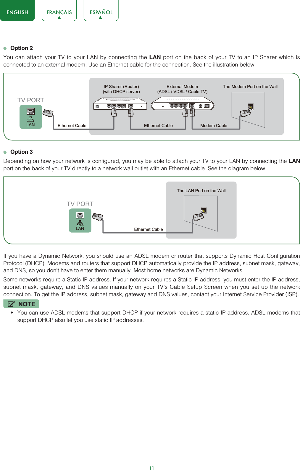 11ENGLISH FRANÇAIS ESPAÑOLOption 2You can attach your TV to your LAN by connecting the LAN port on the back of your TV to an IP Sharer which is connected to an external modem. Use an Ethernet cable for the connection. See the illustration below.Option 3Depending on how your network is configured, you may be able to attach your TV to your LAN by connecting the LANport on the back of your TV directly to a network wall outlet with an Ethernet cable. See the diagram below. If you have a Dynamic Network, you should use an ADSL modem or router that supports Dynamic Host Configuration Protocol (DHCP). Modems and routers that support DHCP automatically provide the IP address, subnet mask, gateway, and DNS, so you don’t have to enter them manually. Most home networks are Dynamic Networks.Some networks require a Static IP address. If your network requires a Static IP address, you must enter the IP address, subnet mask, gateway, and DNS values manually on your TV’s Cable Setup Screen when you set up the network connection. To get the IP address, subnet mask, gateway and DNS values, contact your Internet Service Provider (ISP).NOTEt You can use ADSL modems that support DHCP if your network requires a static IP address. ADSL modems that support DHCP also let you use static IP addresses.External Modem(ADSL / VDSL / Cable TV) The Modem Port on the WallModem Cable IP Sharer (Router)(with DHCP server)Ethernet CableEthernet Cable LANTV PORTThe LAN Port on the WallEthernet Cable LANTV PORT