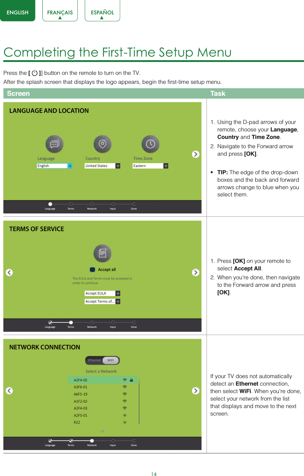 14ENGLISH FRANÇAIS ESPAÑOLCompleting the First-Time Setup MenuPress the [ ]] button on the remote to turn on the TV. After the splash screen that displays the logo appears, begin the first-time setup menu.Screen Task1. Using the D-pad arrows of your remote, choose your Language,Country and Time Zone.2. Navigate to the Forward arrow and press [OK].t TIP: The edge of the drop-down boxes and the back and forward arrows change to blue when you select them.1. Press [OK] on your remote to select Accept All.2. When you’re done, then navigate to the Forward arrow and press [OK].If your TV does not automatically detect an Ethernet connection, then select WiFi. When you’re done, select your network from the list that displays and move to the next screen.LANGUAGE AND LOCATIONLanguage Country Time ZoneUnited States EasternEnglishLanguage Terms Network Input DoneTERMS OF SERVICEAccept EULAAccept Terms of...Accept allThe EULA and Terms must be accepted in order to continue.Language Terms Network Input DoneNETWORK CONNECTIONSelect a NetworkEthernet WiFiA2F4-05A3F6-01A6F5-19A1F2-02A2F4-03A2F5-01R22Language Terms Network Input Done