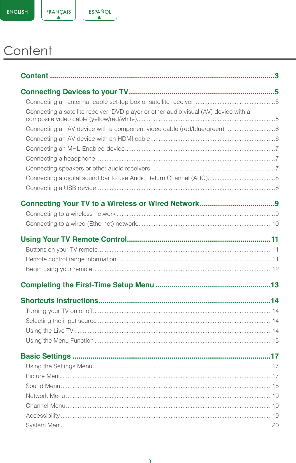 3ENGLISH FRANÇAIS ESPAÑOLContent Content ...............................................................................................................3Connecting Devices to your TV ........................................................................5Connecting an antenna, cable set-top box or satellite receiver ................................................5Connecting a satellite receiver, DVD player or other audio visual (AV) device with a composite video cable (yellow/red/white)..................................................................................5Connecting an AV device with a component video cable (red/blue/green)  ............................. 6Connecting an AV device with an HDMI cable .......................................................................... 6Connecting an MHL-Enabled device ......................................................................................... 7Connecting a headphone ..........................................................................................................7Connecting speakers or other audio receivers .......................................................................... 7Connecting a digital sound bar to use Audio Return Channel (ARC)........................................8Connecting a USB device .......................................................................................................... 8Connecting Your TV to a Wireless or Wired Network .....................................9Connecting to a wireless network ..............................................................................................9Connecting to a wired (Ethernet) network................................................................................10Using Your TV Remote Control .......................................................................11Buttons on your TV remote ....................................................................................................... 11Remote control range information ............................................................................................ 11Begin using your remote ..........................................................................................................12Completing the First-Time Setup Menu .........................................................13Shortcuts Instructions .....................................................................................14Turning your TV on or off .......................................................................................................... 14Selecting the input source .......................................................................................................14Using the Live TV .....................................................................................................................14Using the Menu Function .........................................................................................................15Basic Settings ..................................................................................................17Using the Settings Menu ..........................................................................................................17Picture Menu ............................................................................................................................17Sound Menu .............................................................................................................................18Network Menu ..........................................................................................................................19Channel Menu ..........................................................................................................................19Accessibility .............................................................................................................................19System Menu ...........................................................................................................................20
