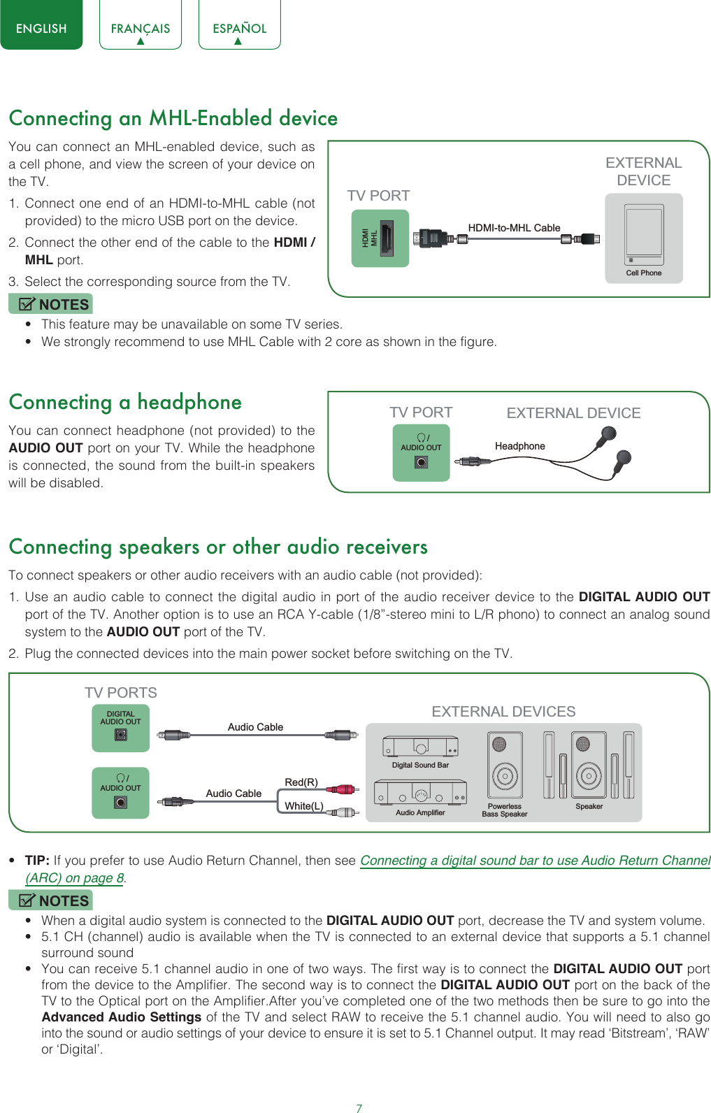 7ENGLISH FRANÇAIS ESPAÑOLConnecting an MHL-Enabled deviceYou can connect an MHL-enabled device, such as a cell phone, and view the screen of your device on the TV.1.  Connect one end of an HDMI-to-MHL cable (not provided) to the micro USB port on the device.2.  Connect the other end of the cable to the HDMI / MHL port.3.  Select the corresponding source from the TV. NOTES• This feature may be unavailable on some TV series.• We strongly recommend to use MHL Cable with 2 core as shown in the figure.Connecting a headphoneYou can connect headphone (not provided) to the AUDIO OUT port on your TV. While the headphone is connected, the sound from the built-in speakers will be disabled.Connecting speakers or other audio receiversTo connect speakers or other audio receivers with an audio cable (not provided):1.  Use an audio cable to connect the digital audio in port of the audio receiver device to the DIGITAL AUDIO OUT port of the TV. Another option is to use an RCA Y-cable (1/8”-stereo mini to L/R phono) to connect an analog sound system to the AUDIO OUT port of the TV.2.  Plug the connected devices into the main power socket before switching on the TV.• TIP: If you prefer to use Audio Return Channel, then see Connecting a digital sound bar to use Audio Return Channel (ARC) on page 8.NOTES• When a digital audio system is connected to the DIGITAL AUDIO OUT port, decrease the TV and system volume. • 5.1 CH (channel) audio is available when the TV is connected to an external device that supports a 5.1 channel surround sound • You can receive 5.1 channel audio in one of two ways. The first way is to connect the DIGITAL AUDIO OUT port from the device to the Amplifier. The second way is to connect the DIGITAL AUDIO OUT port on the back of the TV to the Optical port on the Amplifier.After you’ve completed one of the two methods then be sure to go into the Advanced Audio Settings of the TV and select RAW to receive the 5.1 channel audio. You will need to also go into the sound or audio settings of your device to ensure it is set to 5.1 Channel output. It may read ‘Bitstream’, ‘RAW’ or ‘Digital’.HDMIMHLEXTERNALDEVICECell PhoneTV PORTHDMI-to-MHL Cable        /AUDIO OUTTV PORT EXTERNAL DEVICEHeadphone EXTERNAL DEVICESPowerless Bass Speaker SpeakerDigital Sound BarAudio AmplifierDIGITALAUDIO OUT       /AUDIO OUTTV PORTSAudio Cable White(L)Red(R)Audio Cable 