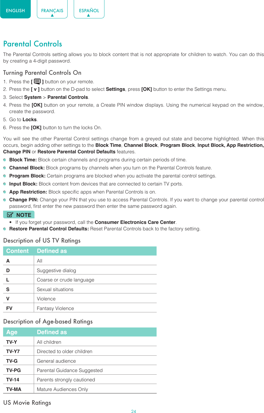 24ENGLISH FRANÇAIS ESPAÑOLParental ControlsThe Parental Controls setting allows you to block content that is not appropriate for children to watch. You can do this by creating a 4-digit password.Turning Parental Controls On1.  Press the [   ] button on your remote.2.  Press the [ v ] button on the D-pad to select Settings, press [OK] button to enter the Settings menu.3.  Select System &gt; Parental Controls.4.  Press the [OK] button on your remote, a Create PIN window displays. Using the numerical keypad on the window, create the password.5.  Go to Locks.6.  Press the [OK] button to turn the locks On. You will see the other Parental Control settings change from a greyed out state and become highlighted. When this occurs, begin adding other settings to the Block Time, Channel Block, Program Block, Input Block, App Restriction, Change PIN or Restore Parental Control Defaults features. Block Time: Block certain channels and programs during certain periods of time. Channel Block: Block programs by channels when you turn on the Parental Controls feature. Program Block: Certain programs are blocked when you activate the parental control settings. Input Block: Block content from devices that are connected to certain TV ports. App Restriction: Block specific apps when Parental Controls is on. Change PIN: Change your PIN that you use to access Parental Controls. If you want to change your parental control password, first enter the new password then enter the same password again.NOTE• If you forget your password, call the Consumer Electronics Care Center. Restore Parental Control Defaults: Reset Parental Controls back to the factory setting.Description of US TV RatingsContent Defined asAAllDSuggestive dialogLCoarse or crude languageSSexual situationsVViolenceFV Fantasy ViolenceDescription of Age-based RatingsAge Defined asTV-Y All childrenTV-Y7 Directed to older childrenTV-G General audienceTV-PG Parental Guidance SuggestedTV-14 Parents strongly cautionedTV-MA Mature Audiences OnlyUS Movie Ratings