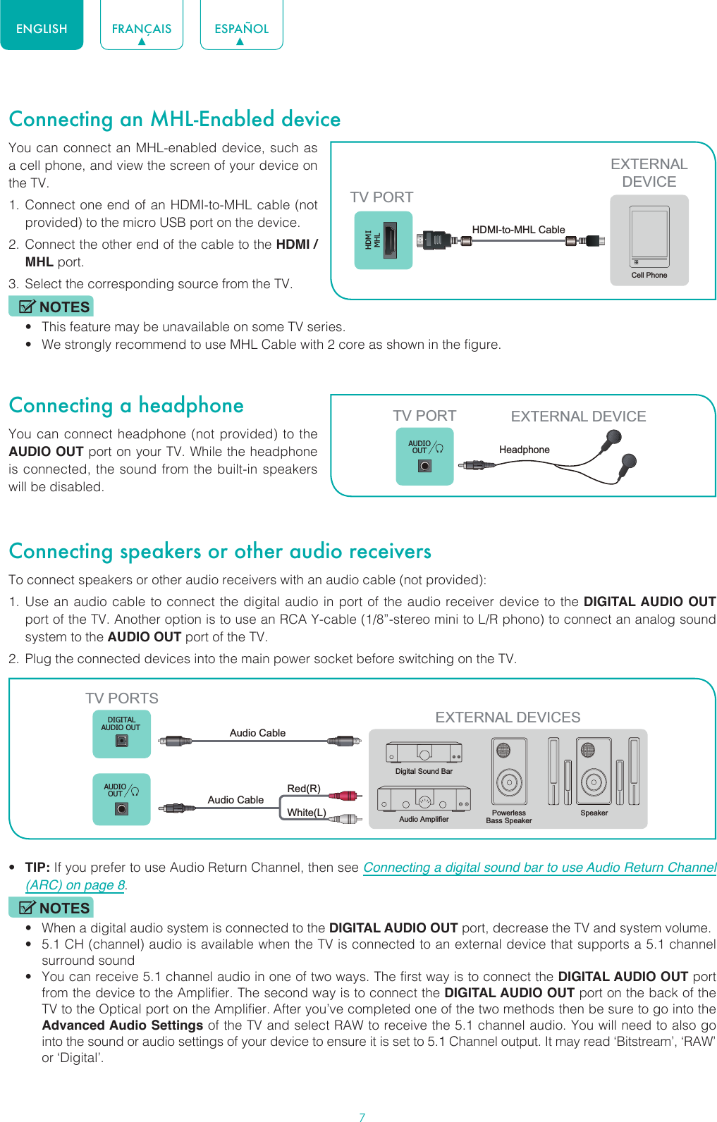 7ENGLISH FRANÇAIS ESPAÑOLConnecting an MHL-Enabled deviceYou can connect an MHL-enabled device, such as a cell phone, and view the screen of your device on the TV.1.  Connect one end of an HDMI-to-MHL cable (not provided) to the micro USB port on the device.2.  Connect the other end of the cable to the HDMI / MHL port.3.  Select the corresponding source from the TV. NOTES• This feature may be unavailable on some TV series.• We strongly recommend to use MHL Cable with 2 core as shown in the figure.Connecting a headphoneYou can connect headphone (not provided) to the AUDIO OUT port on your TV. While the headphone is connected, the sound from the built-in speakers will be disabled.Connecting speakers or other audio receiversTo connect speakers or other audio receivers with an audio cable (not provided):1.  Use an audio cable to connect the digital audio in port of the audio receiver device to the DIGITAL AUDIO OUT port of the TV. Another option is to use an RCA Y-cable (1/8”-stereo mini to L/R phono) to connect an analog sound system to the AUDIO OUT port of the TV.2.  Plug the connected devices into the main power socket before switching on the TV.• TIP: If you prefer to use Audio Return Channel, then see Connecting a digital sound bar to use Audio Return Channel (ARC) on page 8.NOTES• When a digital audio system is connected to the DIGITAL AUDIO OUT port, decrease the TV and system volume. • 5.1 CH (channel) audio is available when the TV is connected to an external device that supports a 5.1 channel surround sound • You can receive 5.1 channel audio in one of two ways. The first way is to connect the DIGITAL AUDIO OUT port from the device to the Amplifier. The second way is to connect the DIGITAL AUDIO OUT port on the back of the TV to the Optical port on the Amplifier. After you’ve completed one of the two methods then be sure to go into the Advanced Audio Settings of the TV and select RAW to receive the 5.1 channel audio. You will need to also go into the sound or audio settings of your device to ensure it is set to 5.1 Channel output. It may read ‘Bitstream’, ‘RAW’ or ‘Digital’.HDMIMHLEXTERNALDEVICECell PhoneTV PORTHDMI-to-MHL Cable TV PORT EXTERNAL DEVICEHeadphone AUDIOOUTEXTERNAL DEVICESPowerless Bass Speaker SpeakerDigital Sound BarAudio AmplifierDIGITALAUDIO OUTTV PORTSAudio Cable White(L)Red(R)Audio Cable AUDIOOUT