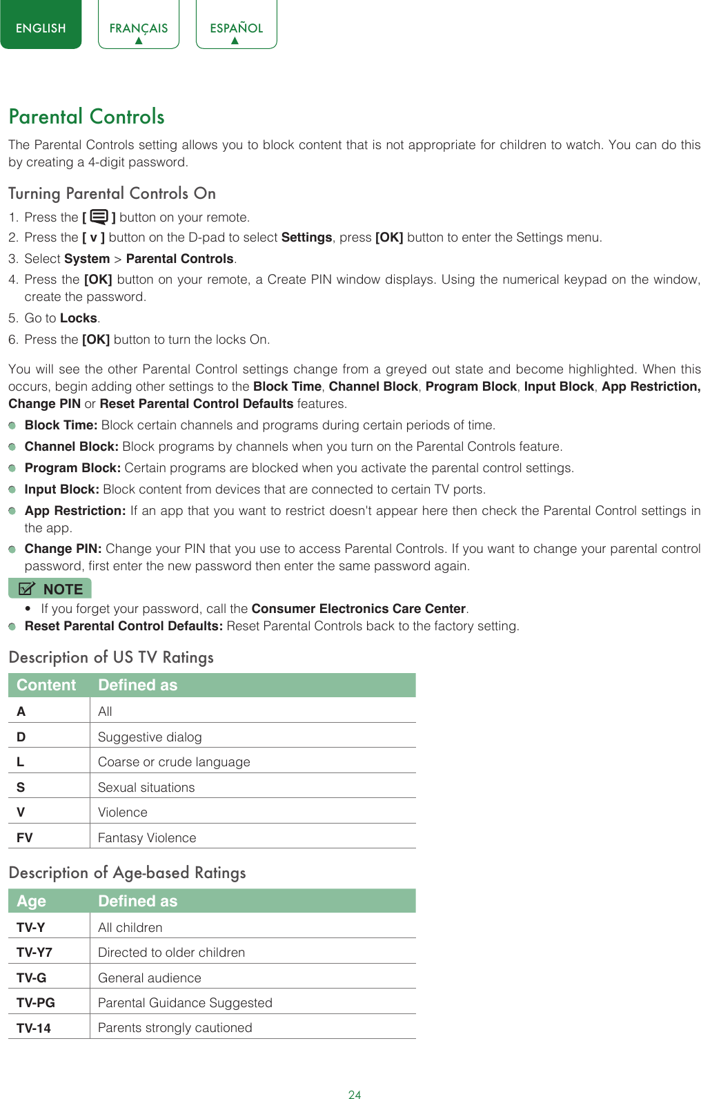 24ENGLISH FRANÇAIS ESPAÑOLParental ControlsThe Parental Controls setting allows you to block content that is not appropriate for children to watch. You can do this by creating a 4-digit password.Turning Parental Controls On1.  Press the [   ] button on your remote.2.  Press the [ v ] button on the D-pad to select Settings, press [OK] button to enter the Settings menu.3.  Select System &gt; Parental Controls.4.  Press the [OK] button on your remote, a Create PIN window displays. Using the numerical keypad on the window, create the password.5.  Go to Locks.6.  Press the [OK] button to turn the locks On. You will see the other Parental Control settings change from a greyed out state and become highlighted. When this occurs, begin adding other settings to the Block Time, Channel Block, Program Block, Input Block, App Restriction, Change PIN or Reset Parental Control Defaults features. Block Time: Block certain channels and programs during certain periods of time. Channel Block: Block programs by channels when you turn on the Parental Controls feature. Program Block: Certain programs are blocked when you activate the parental control settings. Input Block: Block content from devices that are connected to certain TV ports. App Restriction: If an app that you want to restrict doesn&apos;t appear here then check the Parental Control settings in the app. Change PIN: Change your PIN that you use to access Parental Controls. If you want to change your parental control password, first enter the new password then enter the same password again.NOTE• If you forget your password, call the Consumer Electronics Care Center. Reset Parental Control Defaults: Reset Parental Controls back to the factory setting.Description of US TV RatingsContent Defined asAAllDSuggestive dialogLCoarse or crude languageSSexual situationsVViolenceFV Fantasy ViolenceDescription of Age-based RatingsAge Defined asTV-Y All childrenTV-Y7 Directed to older childrenTV-G General audienceTV-PG Parental Guidance SuggestedTV-14 Parents strongly cautioned