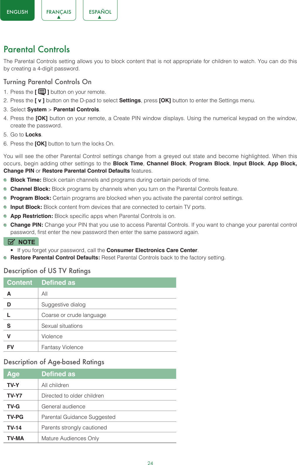 24ENGLISH FRANÇAIS ESPAÑOLParental ControlsThe Parental Controls setting allows you to block content that is not appropriate for children to watch. You can do this by creating a 4-digit password.Turning Parental Controls On1.  Press the [   ] button on your remote.2.  Press the [ v ] button on the D-pad to select Settings, press [OK] button to enter the Settings menu.3.  Select System &gt; Parental Controls.4.  Press the [OK] button on your remote, a Create PIN window displays. Using the numerical keypad on the window, create the password.5.  Go to Locks.6.  Press the [OK] button to turn the locks On. You will see the other Parental Control settings change from a greyed out state and become highlighted. When this occurs, begin adding other settings to the Block Time, Channel Block, Program Block, Input Block, App Block, Change PIN or Restore Parental Control Defaults features. Block Time: Block certain channels and programs during certain periods of time. Channel Block: Block programs by channels when you turn on the Parental Controls feature. Program Block: Certain programs are blocked when you activate the parental control settings. Input Block: Block content from devices that are connected to certain TV ports. App Restriction: Block specific apps when Parental Controls is on. Change PIN: Change your PIN that you use to access Parental Controls. If you want to change your parental control password, first enter the new password then enter the same password again.NOTE• If you forget your password, call the Consumer Electronics Care Center. Restore Parental Control Defaults: Reset Parental Controls back to the factory setting.Description of US TV RatingsContent Defined asAAllDSuggestive dialogLCoarse or crude languageSSexual situationsVViolenceFV Fantasy ViolenceDescription of Age-based RatingsAge Defined asTV-Y All childrenTV-Y7 Directed to older childrenTV-G General audienceTV-PG Parental Guidance SuggestedTV-14 Parents strongly cautionedTV-MA Mature Audiences Only