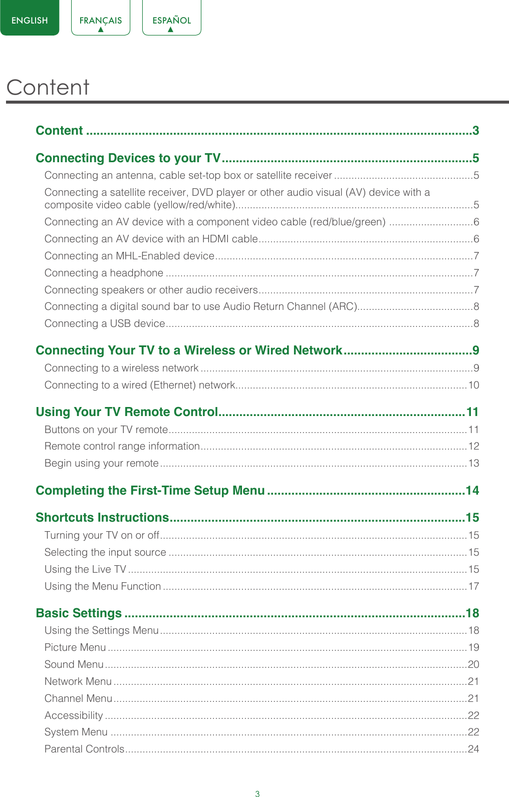 3ENGLISH FRANÇAIS ESPAÑOLContent Content ...............................................................................................................3Connecting Devices to your TV ........................................................................5Connecting an antenna, cable set-top box or satellite receiver ................................................5Connecting a satellite receiver, DVD player or other audio visual (AV) device with a composite video cable (yellow/red/white)..................................................................................5Connecting an AV device with a component video cable (red/blue/green)  ............................. 6Connecting an AV device with an HDMI cable .......................................................................... 6Connecting an MHL-Enabled device ......................................................................................... 7Connecting a headphone ..........................................................................................................7Connecting speakers or other audio receivers .......................................................................... 7Connecting a digital sound bar to use Audio Return Channel (ARC)........................................8Connecting a USB device .......................................................................................................... 8Connecting Your TV to a Wireless or Wired Network .....................................9Connecting to a wireless network ..............................................................................................9Connecting to a wired (Ethernet) network................................................................................10Using Your TV Remote Control .......................................................................11Buttons on your TV remote ....................................................................................................... 11Remote control range information ............................................................................................ 12Begin using your remote ..........................................................................................................13Completing the First-Time Setup Menu .........................................................14Shortcuts Instructions .....................................................................................15Turning your TV on or off .......................................................................................................... 15Selecting the input source .......................................................................................................15Using the Live TV .....................................................................................................................15Using the Menu Function .........................................................................................................17Basic Settings ..................................................................................................18Using the Settings Menu ..........................................................................................................18Picture Menu ............................................................................................................................19Sound Menu .............................................................................................................................20Network Menu ..........................................................................................................................21Channel Menu ..........................................................................................................................21Accessibility .............................................................................................................................22System Menu ...........................................................................................................................22Parental Controls ...................................................................................................................... 24