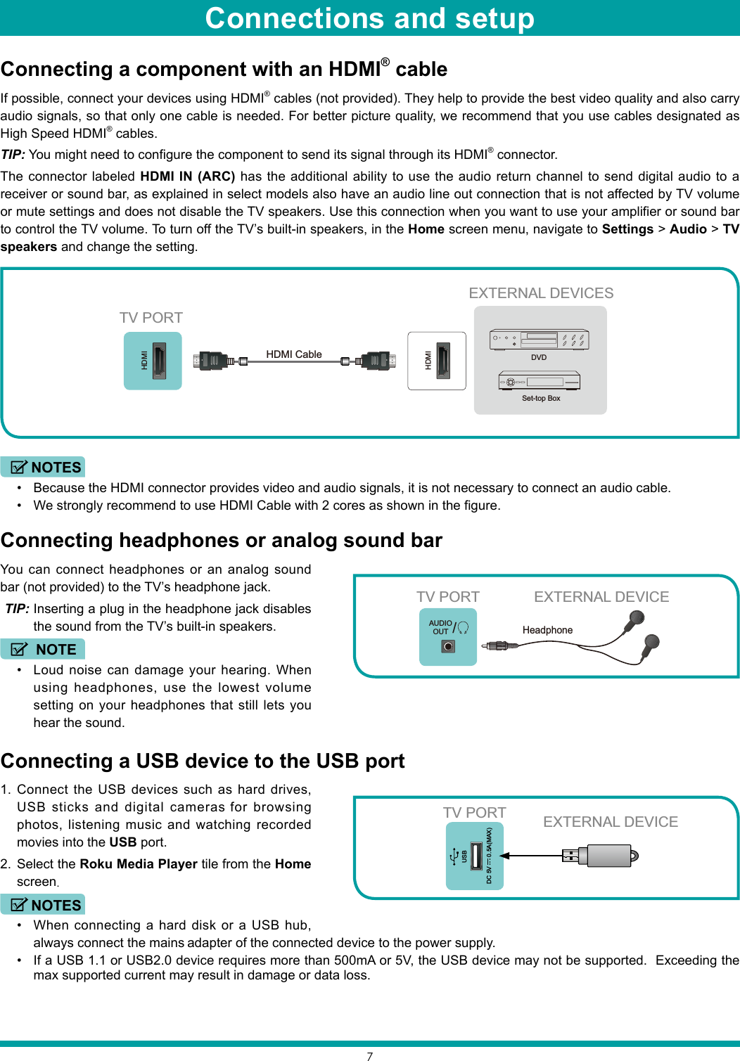 7Connecting a component with an HDMI® cableIf possible, connect your devices using HDMI® cables (not provided). They help to provide the best video quality and also carry audio signals, so that only one cable is needed. For better picture quality, we recommend that you use cables designated as High Speed HDMI® cables.TIP: You might need to configure the component to send its signal through its HDMI® connector.The connector labeled HDMI IN (ARC) has the additional ability to use the audio return channel to send digital audio to a receiver or sound bar, as explained in select models also have an audio line out connection that is not affected by TV volume or mute settings and does not disable the TV speakers. Use this connection when you want to use your amplifier or sound bar to control the TV volume. To turn off the TV’s built-in speakers, in the Home screen menu, navigate to Settings &gt; Audio &gt; TV speakers and change the setting.NOTES• Because the HDMI connector provides video and audio signals, it is not necessary to connect an audio cable.• We strongly recommend to use HDMI Cable with 2 cores as shown in the figure.Connecting headphones or analog sound barYou can connect headphones or an analog sound bar (not provided) to the TV’s headphone jack.TIP: Inserting a plug in the headphone jack disables the sound from the TV’s built-in speakers.NOTE• Loud noise can damage your hearing. When using headphones, use the lowest volume setting on your headphones that still lets you hear the sound.Connecting a USB device to the USB port1.  Connect the USB devices such as hard drives, USB sticks and digital cameras for browsing photos, listening music and watching recorded movies into the USB port.2.  Select the Roku Media Player tile from the Home screen.NOTES• When connecting a hard disk or a USB hub, always connect the mains adapter of the connected device to the power supply. • If a USB 1.1 or USB2.0 device requires more than 500mA or 5V, the USB device may not be supported.  Exceeding the max supported current may result in damage or data loss.HDMIHDMIEXTERNAL DEVICESDVDSet-top BoxTV PORTHDMI Cable        /AUDIOOUTTV PORT EXTERNAL DEVICEHeadphone TV PORT EXTERNAL DEVICEUSBDC 5V   0.5A(MAX)Connections and setup