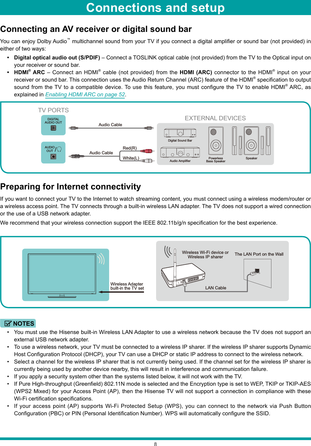 8Connecting an AV receiver or digital sound barYou can enjoy Dolby Audio™ multichannel sound from your TV if you connect a digital amplifier or sound bar (not provided) in either of two ways:• Digital optical audio out (S/PDIF) – Connect a TOSLINK optical cable (not provided) from the TV to the Optical input on your receiver or sound bar.• HDMI® ARC – Connect an HDMI® cable (not provided) from the HDMI (ARC) connector to the HDMI® input on your receiver or sound bar. This connection uses the Audio Return Channel (ARC) feature of the HDMI® specification to output sound from the TV to a compatible device. To use this feature, you must configure the TV to enable HDMI® ARC, as explained in Enabling HDMI ARC on page 52.Preparing for Internet connectivityIf you want to connect your TV to the Internet to watch streaming content, you must connect using a wireless modem/router or a wireless access point. The TV connects through a built-in wireless LAN adapter. The TV does not support a wired connection or the use of a USB network adapter.We recommend that your wireless connection support the IEEE 802.11b/g/n specification for the best experience.Wireless Adapterbuilt-in the TV set  LAN CableWireless Wi-Fi device orWireless IP sharer The LAN Port on the WallNOTES• You must use the Hisense built-in Wireless LAN Adapter to use a wireless network because the TV does not support an external USB network adapter.• To use a wireless network, your TV must be connected to a wireless IP sharer. If the wireless IP sharer supports Dynamic Host Configuration Protocol (DHCP), your TV can use a DHCP or static IP address to connect to the wireless network.• Select a channel for the wireless IP sharer that is not currently being used. If the channel set for the wireless IP sharer is currently being used by another device nearby, this will result in interference and communication failure.• If you apply a security system other than the systems listed below, it will not work with the TV.• If Pure High-throughput (Greenfield) 802.11N mode is selected and the Encryption type is set to WEP, TKIP or TKIP-AES (WPS2 Mixed) for your Access Point (AP), then the Hisense TV will not support a connection in compliance with these Wi-Fi certification specifications.• If your access point (AP) supports Wi-Fi Protected Setup (WPS), you can connect to the network via Push Button Configuration (PBC) or PIN (Personal Identification Number). WPS will automatically configure the SSID.EXTERNAL DEVICESPowerless Bass SpeakerSpeakerDigital Sound BarAudio AmplifierDIGITALAUDIO OUT       TV PORTS       /AUDIOOUTAudio Cable White(L)Red(R)Audio Cable Connections and setup