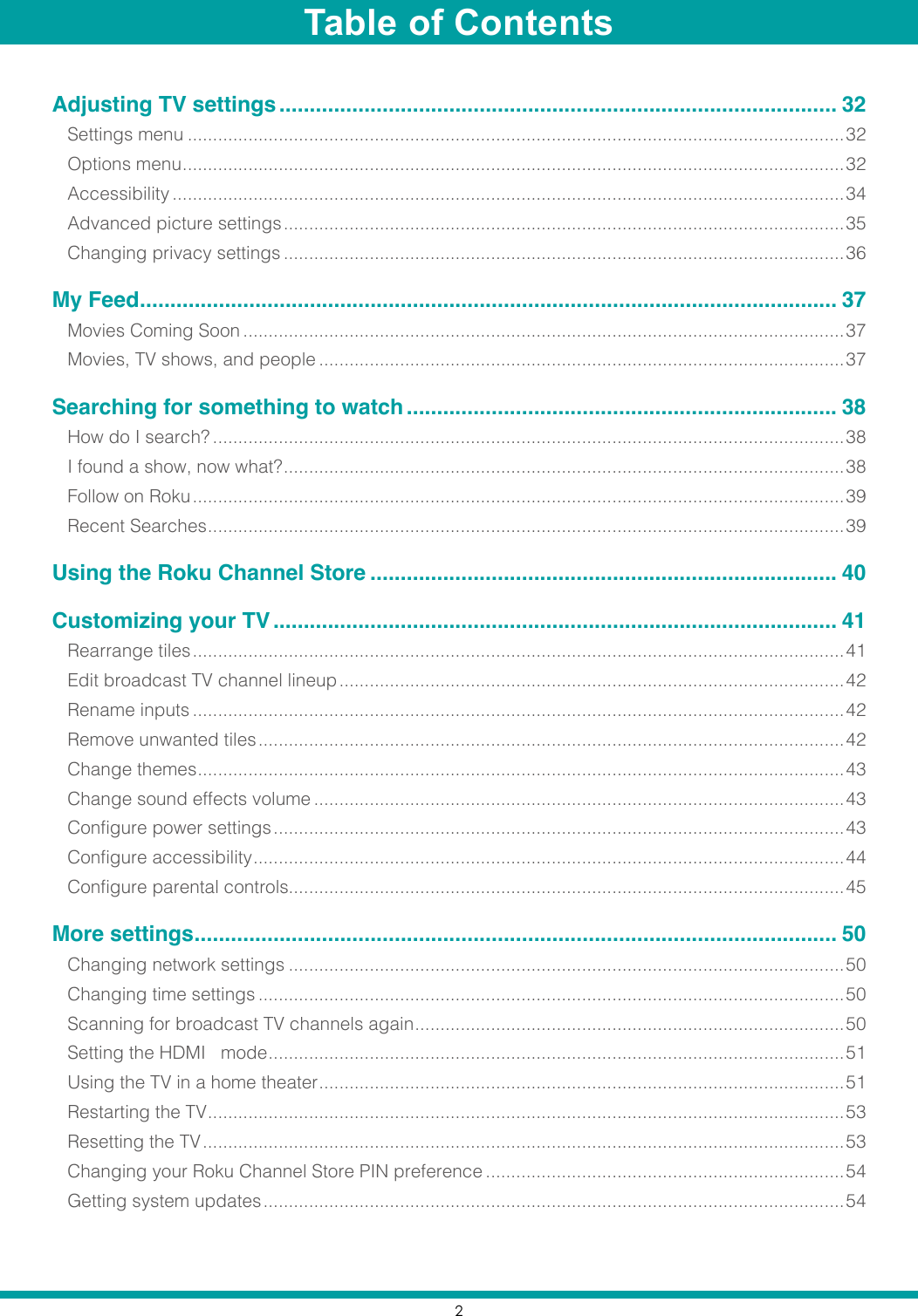 2Table of ContentsAdjusting TV settings ............................................................................................ 32Settings menu ..................................................................................................................................32Options menu ...................................................................................................................................32Accessibility .....................................................................................................................................34Advanced picture settings ............................................................................................................... 35Changing privacy settings ...............................................................................................................36My Feed ................................................................................................................... 37Movies Coming Soon .......................................................................................................................37Movies, TV shows, and people ........................................................................................................37Searching for something to watch ....................................................................... 38How do I search? .............................................................................................................................38I found a show, now what? ...............................................................................................................38Follow on Roku ................................................................................................................................. 39Recent Searches ..............................................................................................................................39Using the Roku Channel Store ............................................................................. 40Customizing your TV ............................................................................................. 41Rearrange tiles ................................................................................................................................. 41Edit broadcast TV channel lineup .................................................................................................... 42Rename inputs .................................................................................................................................42Remove unwanted tiles .................................................................................................................... 42Change themes ................................................................................................................................43Change sound effects volume .........................................................................................................43Configure power settings ................................................................................................................. 43Configure accessibility .....................................................................................................................44Configure parental controls..............................................................................................................45More settings .......................................................................................................... 50Changing network settings ..............................................................................................................50Changing time settings ....................................................................................................................50Scanning for broadcast TV channels again .....................................................................................50Setting the HDMI   mode ..................................................................................................................51Using the TV in a home theater ........................................................................................................51Restarting the TV ..............................................................................................................................53Resetting the TV ............................................................................................................................... 53Changing your Roku Channel Store PIN preference .......................................................................54Getting system updates ................................................................................................................... 54