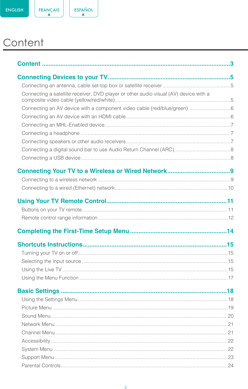 3ENGLISH FRANÇAIS ESPAÑOLContent Content ...............................................................................................................3Connecting Devices to your TV ........................................................................5Connecting an antenna, cable set-top box or satellite receiver ................................................5Connecting a satellite receiver, DVD player or other audio visual (AV) device with a composite video cable (yellow/red/white)..................................................................................5Connecting an AV device with a component video cable (red/blue/green)  ............................. 6Connecting an AV device with an HDMI cable .......................................................................... 6Connecting an MHL-Enabled device ......................................................................................... 7Connecting a headphone ..........................................................................................................7Connecting speakers or other audio receivers .......................................................................... 7Connecting a digital sound bar to use Audio Return Channel (ARC)........................................8Connecting a USB device .......................................................................................................... 8Connecting Your TV to a Wireless or Wired Network .....................................9Connecting to a wireless network ..............................................................................................9Connecting to a wired (Ethernet) network................................................................................10Using Your TV Remote Control .......................................................................11Buttons on your TV remote ....................................................................................................... 11Remote control range information ............................................................................................ 12Completing the First-Time Setup Menu .........................................................14Shortcuts Instructions .....................................................................................15Turning your TV on or off .......................................................................................................... 15Selecting the input source .......................................................................................................15Using the Live TV .....................................................................................................................15Using the Menu Function .........................................................................................................17Basic Settings ..................................................................................................18Using the Settings Menu ..........................................................................................................18Picture Menu ............................................................................................................................19Sound Menu .............................................................................................................................20Network Menu ..........................................................................................................................21Channel Menu ..........................................................................................................................21Accessibility .............................................................................................................................22System Menu ...........................................................................................................................22Support Menu ..........................................................................................................................23Parental Controls ...................................................................................................................... 24