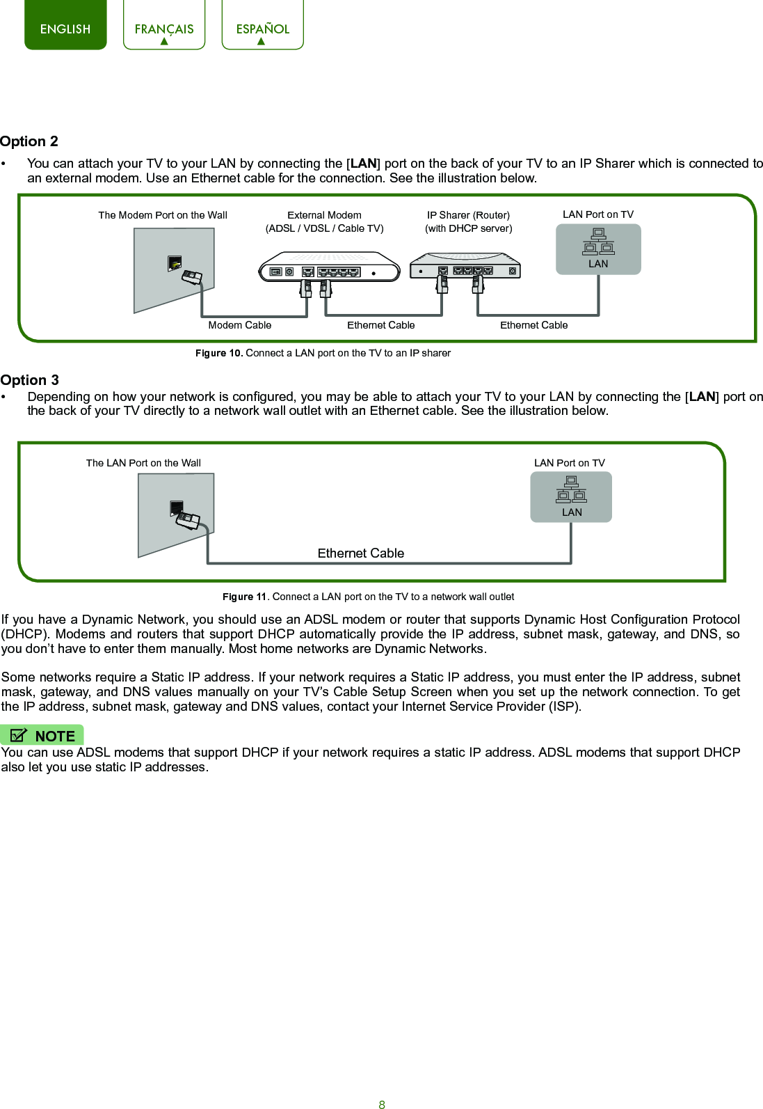 8ENGLISH FRANÇAIS ESPAÑOL•  You can attach your TV to your LAN by connecting the [LAN] port on the back of your TV to an IP Sharer which is connected to an external modem. Use an Ethernet cable for the connection. See the illustration below. •  Depending on how your network is configured, you may be able to attach your TV to your LAN by connecting the [LAN] port on the back of your TV directly to a network wall outlet with an Ethernet cable. See the illustration below. If you have a Dynamic Network, you should use an ADSL modem or router that supports Dynamic Host Configuration Protocol (DHCP). Modems and routers that support DHCP automatically provide the IP address, subnet mask, gateway, and DNS, so you don’t have to enter them manually. Most home networks are Dynamic Networks.Some networks require a Static IP address. If your network requires a Static IP address, you must enter the IP address, subnet mask, gateway, and DNS values manually on your TV’s Cable Setup Screen when you set up the network connection. To get the IP address, subnet mask, gateway and DNS values, contact your Internet Service Provider (ISP).Figure 10. Connect a LAN port on the TV to an IP sharerFigure 11. Connect a LAN port on the TV to a network wall outletYou can use ADSL modems that support DHCP if your network requires a static IP address. ADSL modems that support DHCP also let you use static IP addresses.Option 2Option 3The LAN Port on the Wall LAN Port on TVEthernet CableLANThe Modem Port on the WallModem Cable Ethernet Cable Ethernet CableLAN Port on TVExternal Modem(ADSL / VDSL / Cable TV) IP Sharer (Router)(with DHCP server) LANNOTE