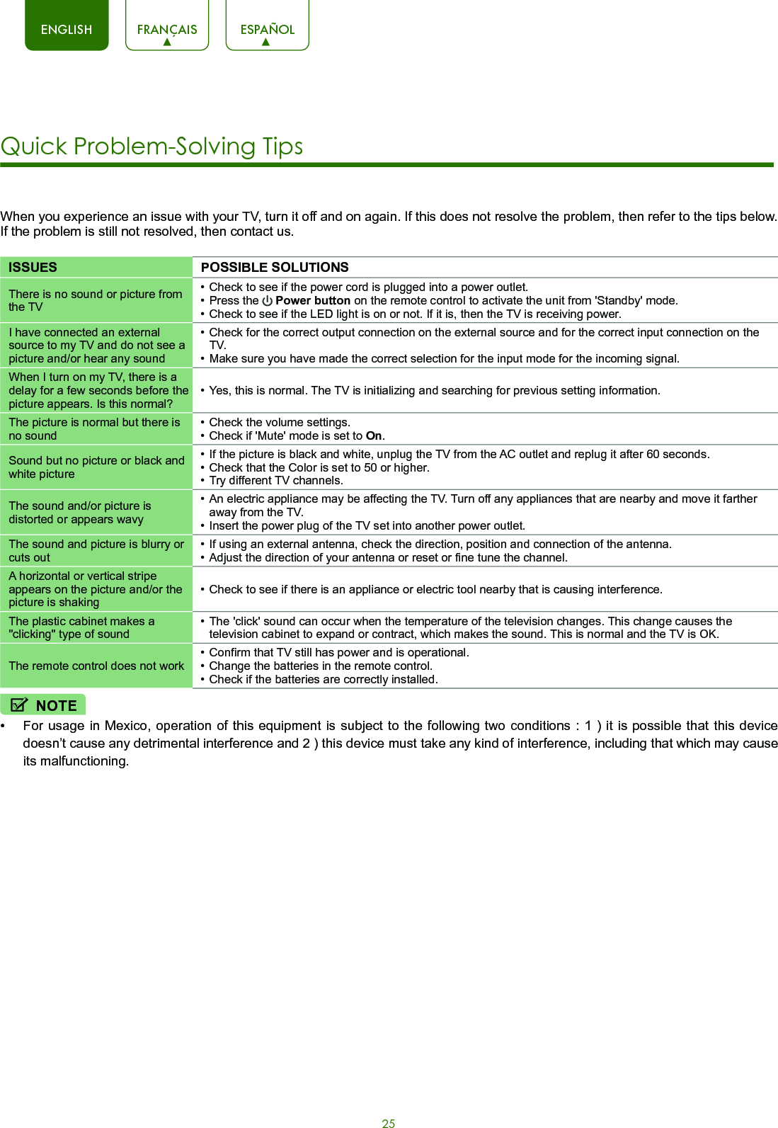 25ENGLISH FRANÇAIS ESPAÑOLQuick Problem-Solving Tips When you experience an issue with your TV, turn it off and on again. If this does not resolve the problem, then refer to the tips below. If the problem is still not resolved, then contact us. ISSUES POSSIBLE SOLUTIONSThere is no sound or picture from the TV• Check to see if the power cord is plugged into a power outlet.• Press the   Power button on the remote control to activate the unit from &apos;Standby&apos; mode.• Check to see if the LED light is on or not. If it is, then the TV is receiving power.I have connected an external source to my TV and do not see a picture and/or hear any sound• Check for the correct output connection on the external source and for the correct input connection on the TV.• Make sure you have made the correct selection for the input mode for the incoming signal.When I turn on my TV, there is a delay for a few seconds before the picture appears. Is this normal?• Yes, this is normal. The TV is initializing and searching for previous setting information.The picture is normal but there is no sound• Check the volume settings.• Check if &apos;Mute&apos; mode is set to On.Sound but no picture or black and white picture• If the picture is black and white, unplug the TV from the AC outlet and replug it after 60 seconds.• Check that the Color is set to 50 or higher. • Try different TV channels.The sound and/or picture is distorted or appears wavy• An electric appliance may be affecting the TV. Turn off any appliances that are nearby and move it farther away from the TV.• Insert the power plug of the TV set into another power outlet.The sound and picture is blurry or cuts out• If using an external antenna, check the direction, position and connection of the antenna.• Adjust the direction of your antenna or reset or ne tune the channel.A horizontal or vertical stripe appears on the picture and/or the picture is shaking• Check to see if there is an appliance or electric tool nearby that is causing interference. The plastic cabinet makes a &quot;clicking&quot; type of sound• The &apos;click&apos; sound can occur when the temperature of the television changes. This change causes the television cabinet to expand or contract, which makes the sound. This is normal and the TV is OK.The remote control does not work• Conrm that TV still has power and is operational.• Change the batteries in the remote control.• Check if the batteries are correctly installed.NOTE•  For usage in Mexico, operation of this equipment is subject to the following two conditions : 1 ) it is possible that this device doesn’t cause any detrimental interference and 2 ) this device must take any kind of interference, including that which may cause its malfunctioning.