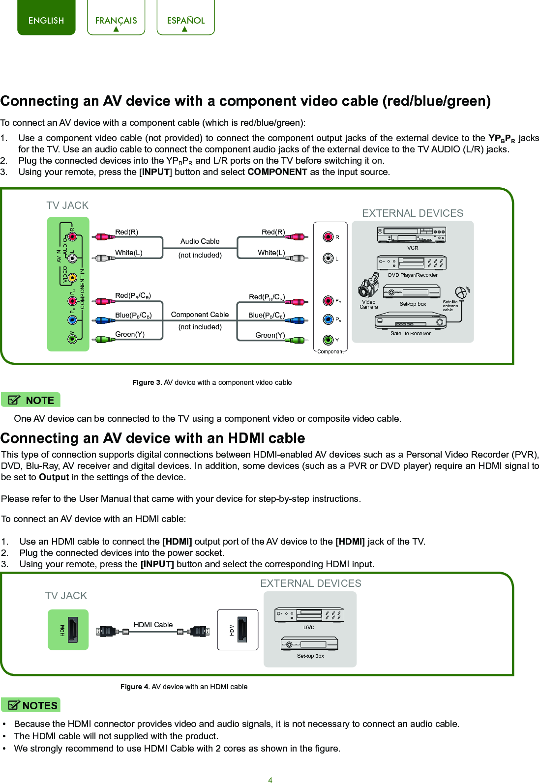 4ENGLISH FRANÇAIS ESPAÑOLHDMIHDMIEXTERNAL DEVICESDVDSet-top BoxHDMI Cable NOTES•Because the HDMI connector provides video and audio signals, it is not necessary to connect an audio cable.•The HDMI cable will not supplied with the product.•We strongly recommend to use HDMI Cable with 2 cores as shown in the figure.NOTEOne AV device can be connected to the TV using a component video or composite video cable.TV JACKConnecting an AV device with a component video cable (red/blue/green) To connect an AV device with a component cable (which is red/blue/green):1.  Use a component video cable (not provided) to connect the component output jacks of the external device to the YPBPR  jacks for the TV. Use an audio cable to connect the component audio jacks of the external device to the TV AUDIO (L/R) jacks.2.  Plug the connected devices into the YPBPR  and L/R ports on the TV before switching it on.3.  Using your remote, press the [INPUT] button and select COMPONENT as the input source.Figure 3. AV device with a component video cableConnecting an AV device with an HDMI cableThis type of connection supports digital connections between HDMI-enabled AV devices such as a Personal Video Recorder (PVR), DVD, Blu-Ray, AV receiver and digital devices. In addition, some devices (such as a PVR or DVD player) require an HDMI signal to be set to Output in the settings of the device.Please refer to the User Manual that came with your device for step-by-step instructions.To connect an AV device with an HDMI cable:1.  Use an HDMI cable to connect the [HDMI] output port of the AV device to the [HDMI] jack of the TV.2.  Plug the connected devices into the power socket.3.  Using your remote, press the [INPUT] button and select the corresponding HDMI input.Figure 4. AV device with an HDMI cableDVD Player/RecorderVideo CameraEXTERNAL DEVICESSet-top boxSatellite ReceiverSatellite antenna cableVCRWhite(L) White(L)Red(R) Red(R)Audio Cable Component Cable ComponentRLPRPBYRed(PR/CR)Red(PR/CR)Blue(PB/CB) Blue(PB/CB)Green(Y) Green(Y)TV JACK(not included)(not included)L RAV INVIDEO AUDIOY PBPRCOMPONENT IN