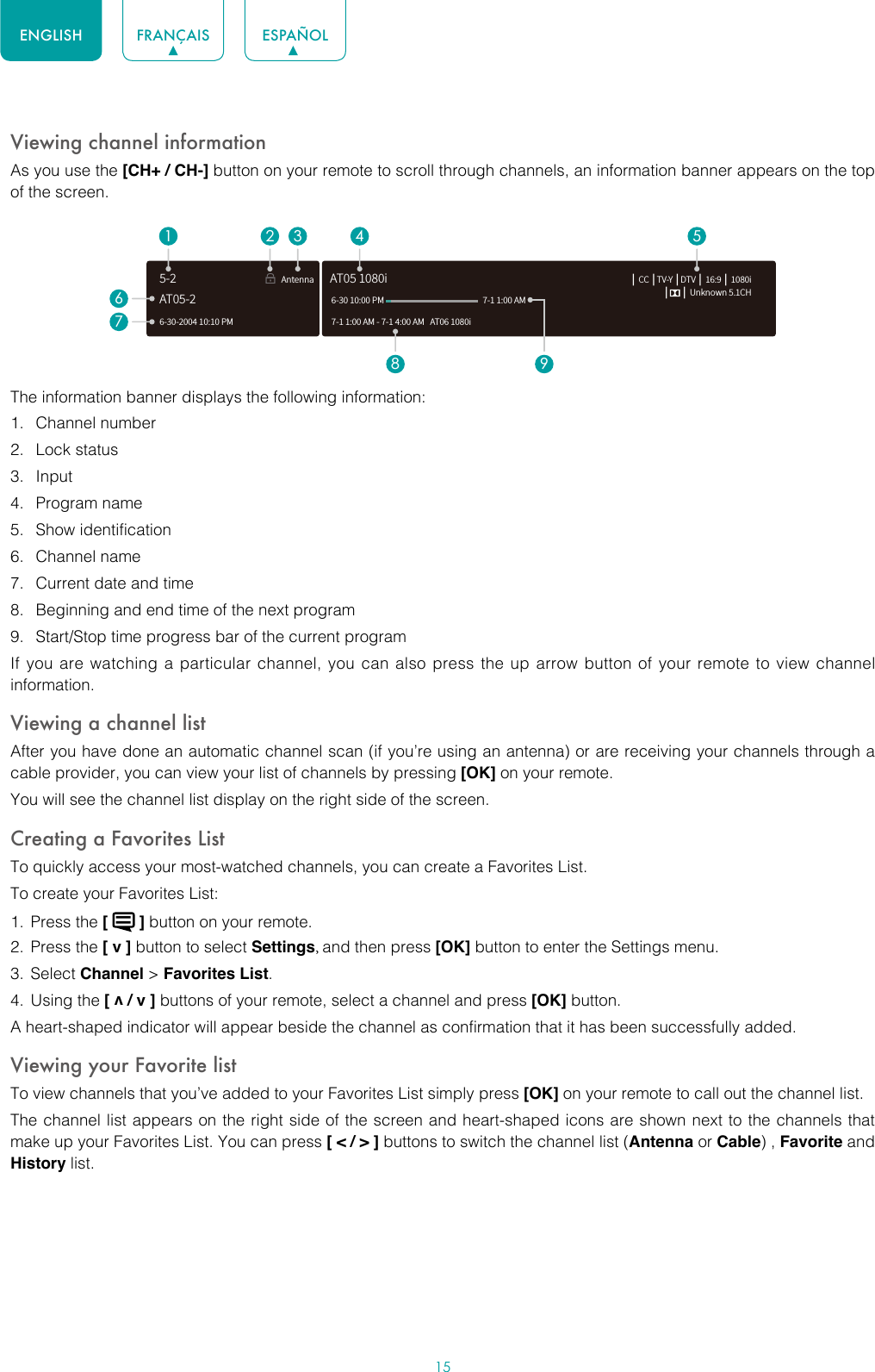15ENGLISH FRANÇAIS ESPAÑOLViewing channel informationAs you use the [CH+ / CH-] button on your remote to scroll through channels, an information banner appears on the top of the screen.The information banner displays the following information:1.  Channel number2.  Lock status3.  Input4.  Program name5.  Show identification6.  Channel name7.  Current date and time8.  Beginning and end time of the next program9.  Start/Stop time progress bar of the current programIf you are watching a particular channel, you can also press the up arrow button of your remote to view channel information.Viewing a channel listAfter you have done an automatic channel scan (if you’re using an antenna) or are receiving your channels through a cable provider, you can view your list of channels by pressing [OK] on your remote.You will see the channel list display on the right side of the screen.Creating a Favorites ListTo quickly access your most-watched channels, you can create a Favorites List.To create your Favorites List:1.  Press the [   ] button on your remote.2.  Press the [ v ] button to select Settings, and then press [OK] button to enter the Settings menu.3.  Select Channel &gt; Favorites List.4.  Using the [ v / v ] buttons of your remote, select a channel and press [OK] button.A heart-shaped indicator will appear beside the channel as confirmation that it has been successfully added.Viewing your Favorite listTo view channels that you’ve added to your Favorites List simply press [OK] on your remote to call out the channel list.The channel list appears on the right side of the screen and heart-shaped icons are shown next to the channels that make up your Favorites List. You can press [ &lt; / &gt; ] buttons to switch the channel list (Antenna or Cable) , Favorite and History list.6-30-2004 10:10 PMAntenna │ CC │TV-Y │DTV │ 16:9 │ 1080i│      │ Unknown 5.1CH7-1 1:00 AM - 7-1 4:00 AM   AT06 1080iAT05 1080i6-30 10:00 PM                                                    7-1 1:00 AM1672 3 4 58 9AT05-25-2